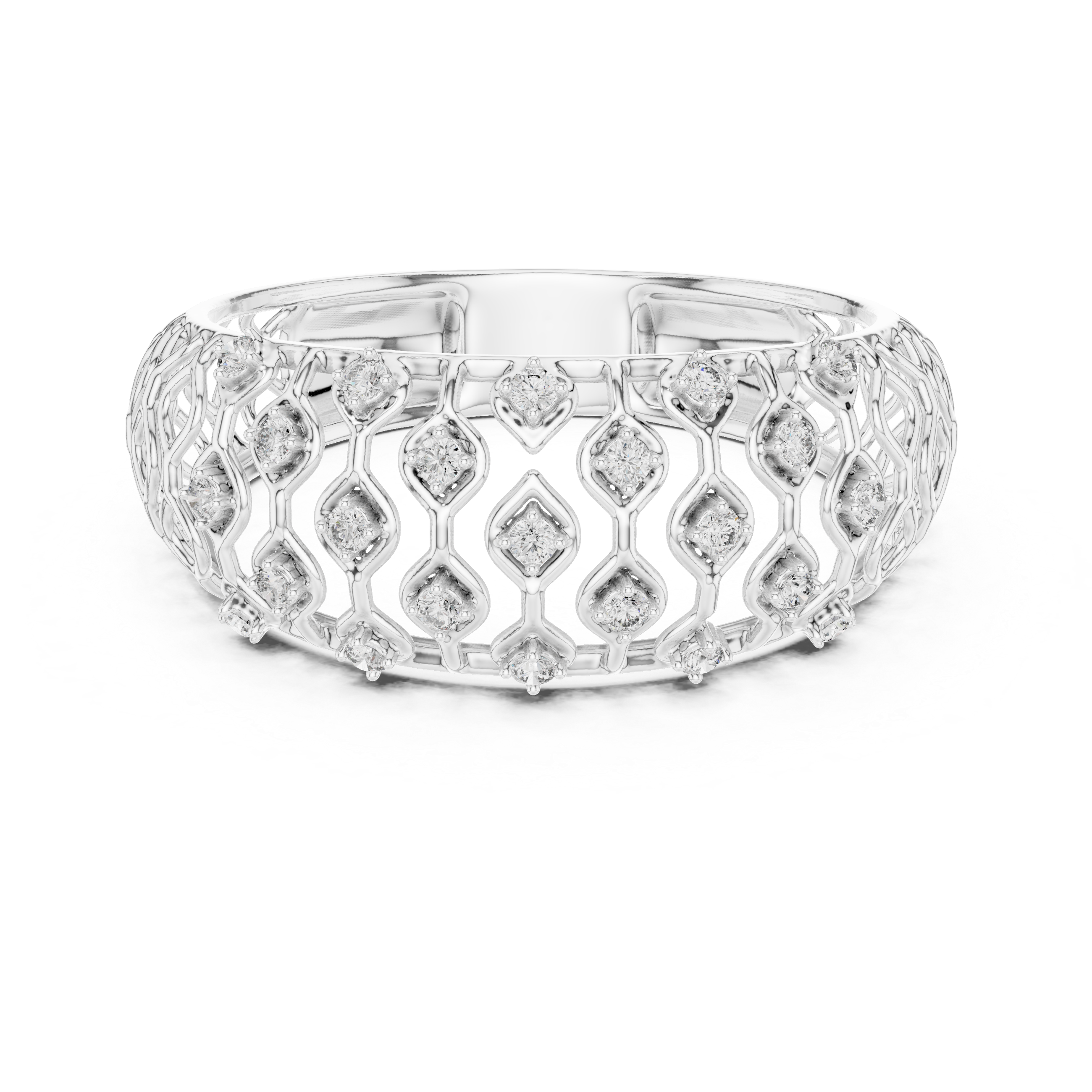 Openwork Diamond Lattice Wide Band Ring