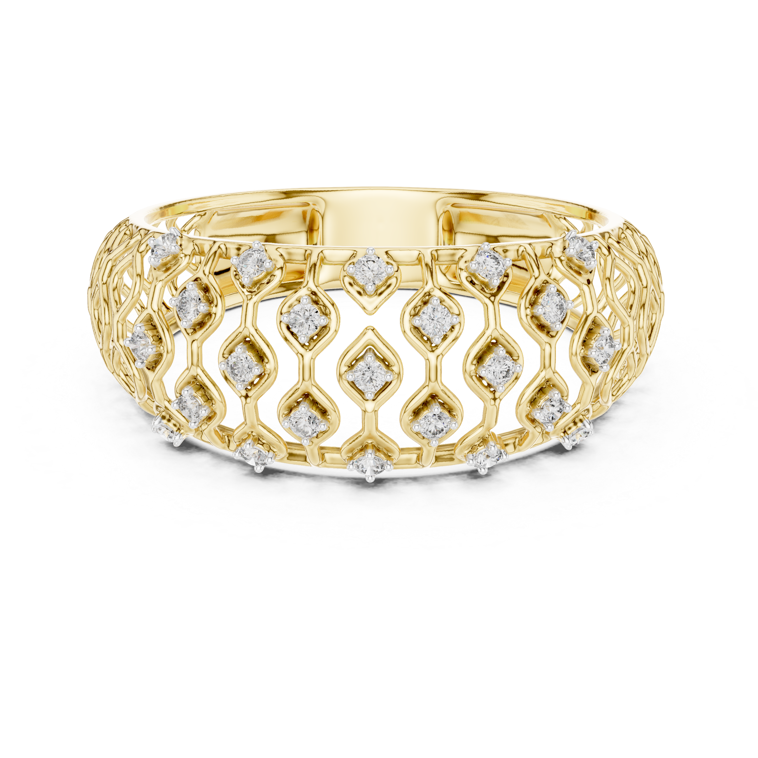 Openwork Diamond Lattice Wide Band Ring