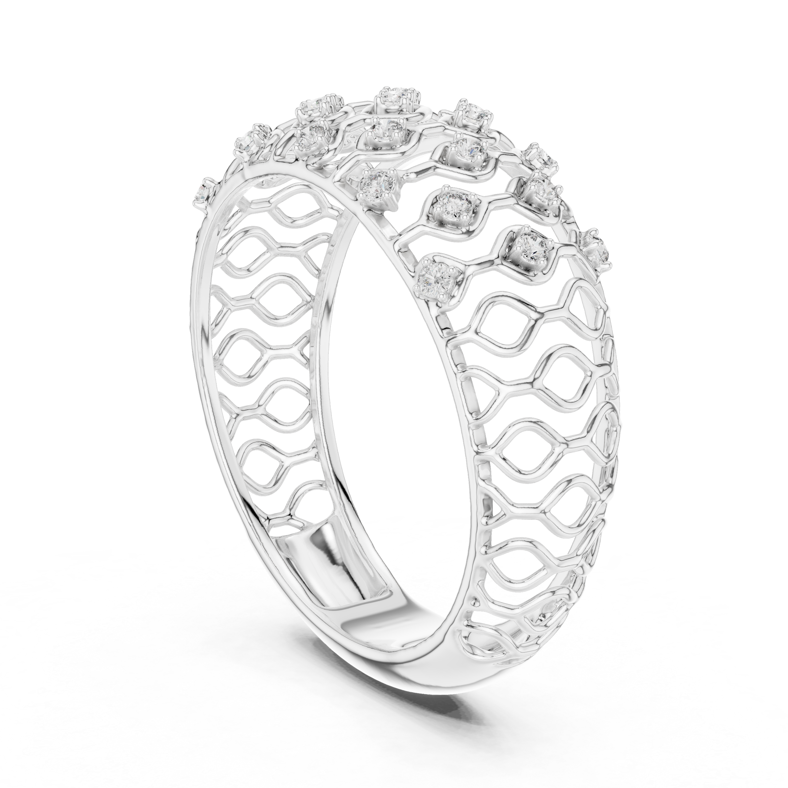 Openwork Diamond Lattice Wide Band Ring