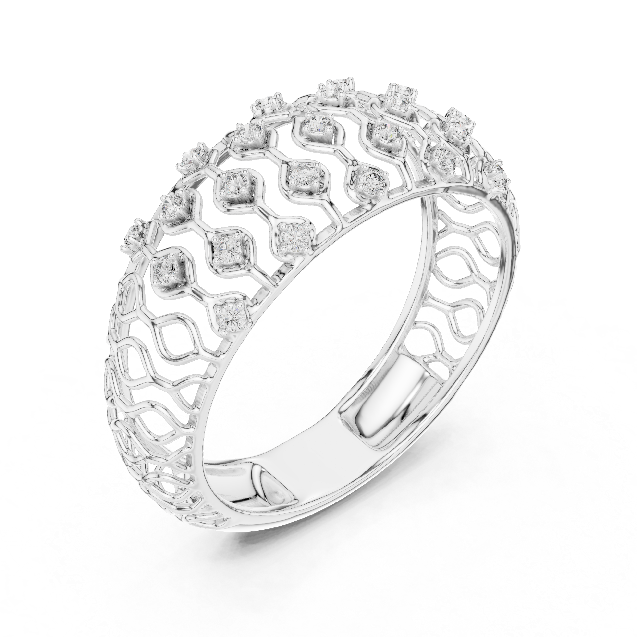 Openwork Diamond Lattice Wide Band Ring