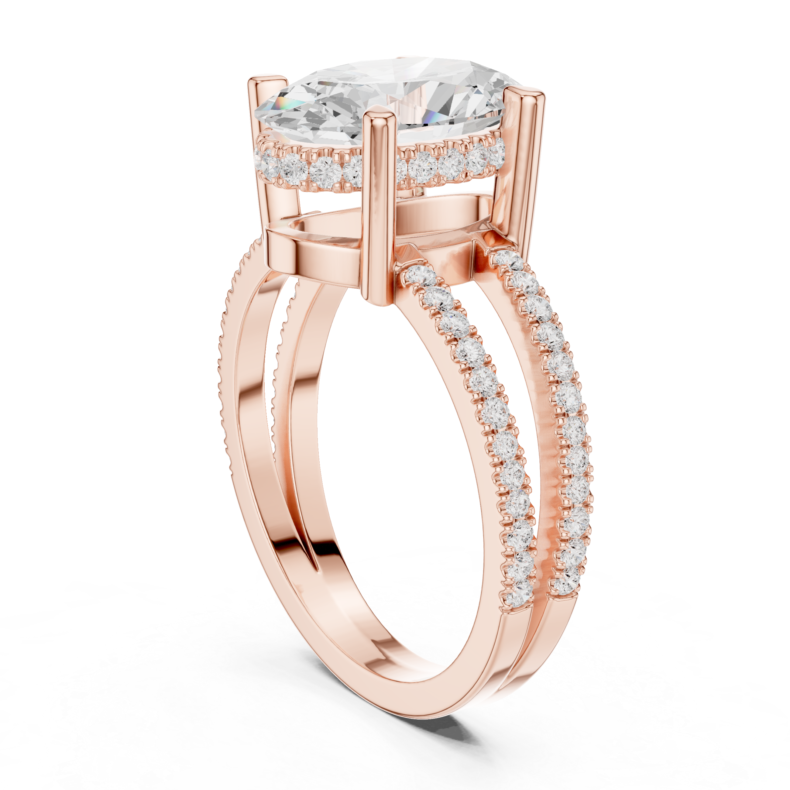 Oval Cut Split Shank Diamond Engagement Ring in Gold