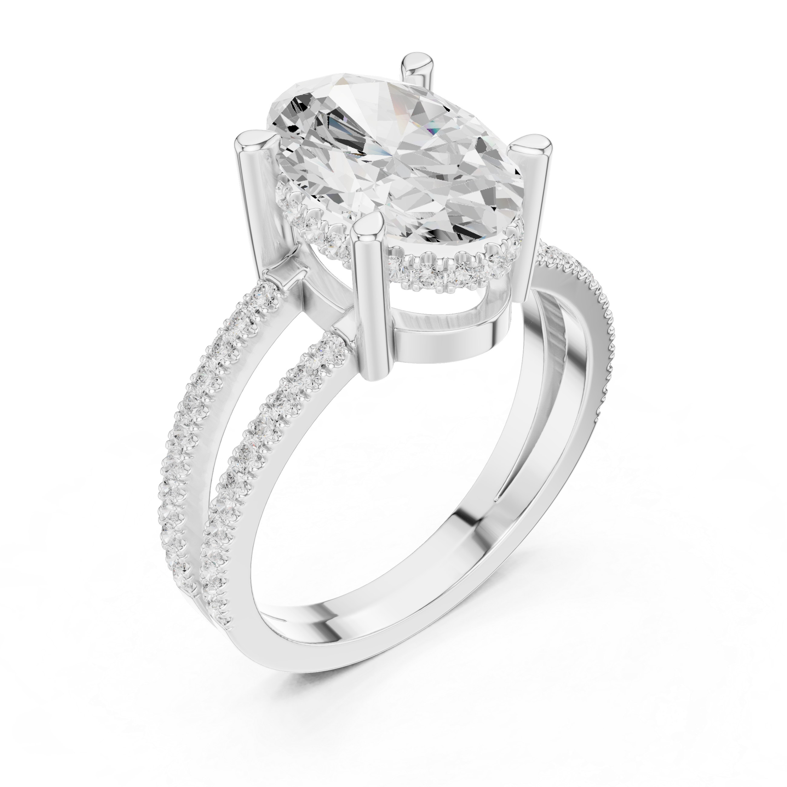 Oval Cut Split Shank Diamond Engagement Ring in Gold