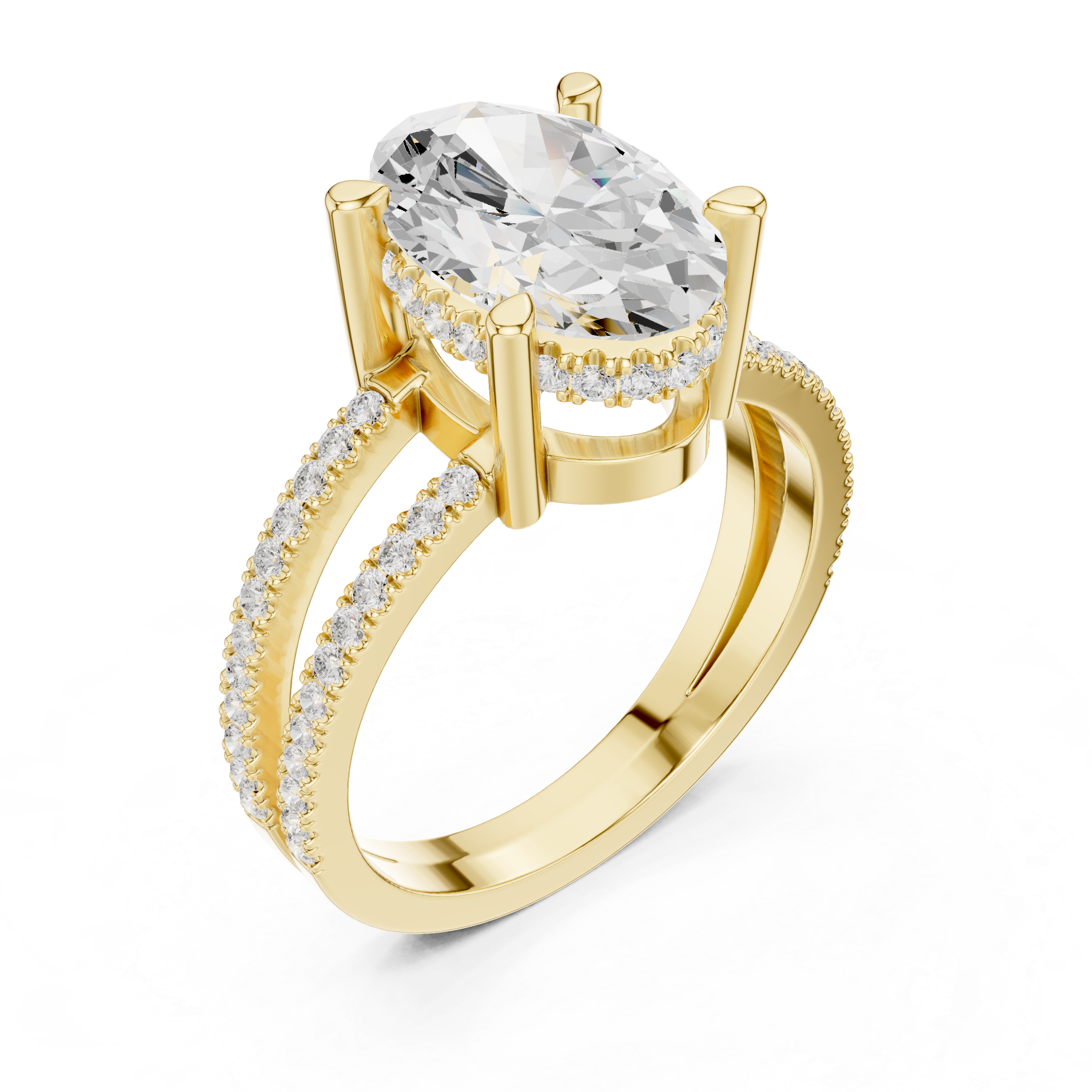 Oval Cut Split Shank Diamond Engagement Ring in Gold