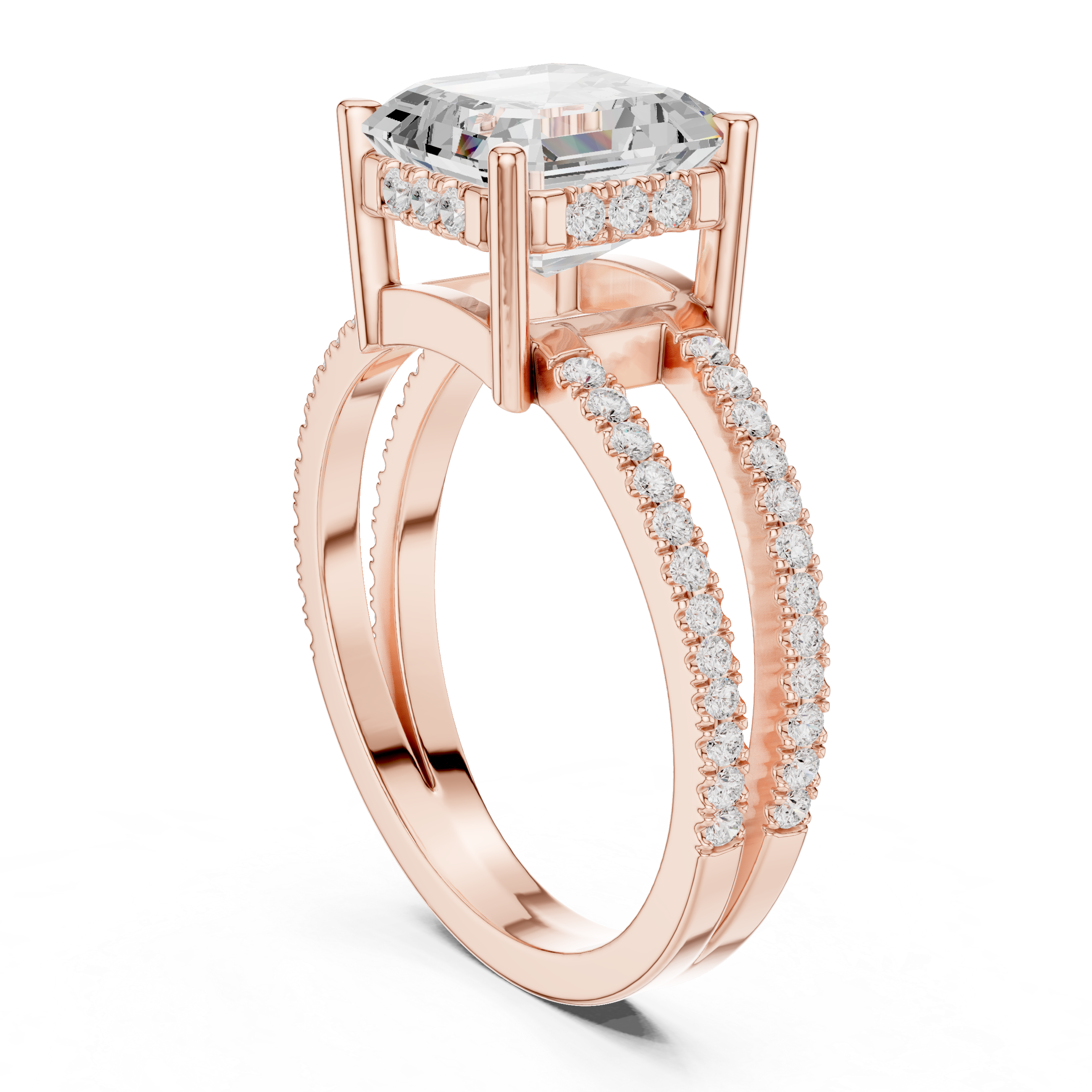 Emerald Cut Double Band Pavé Engagement Ring