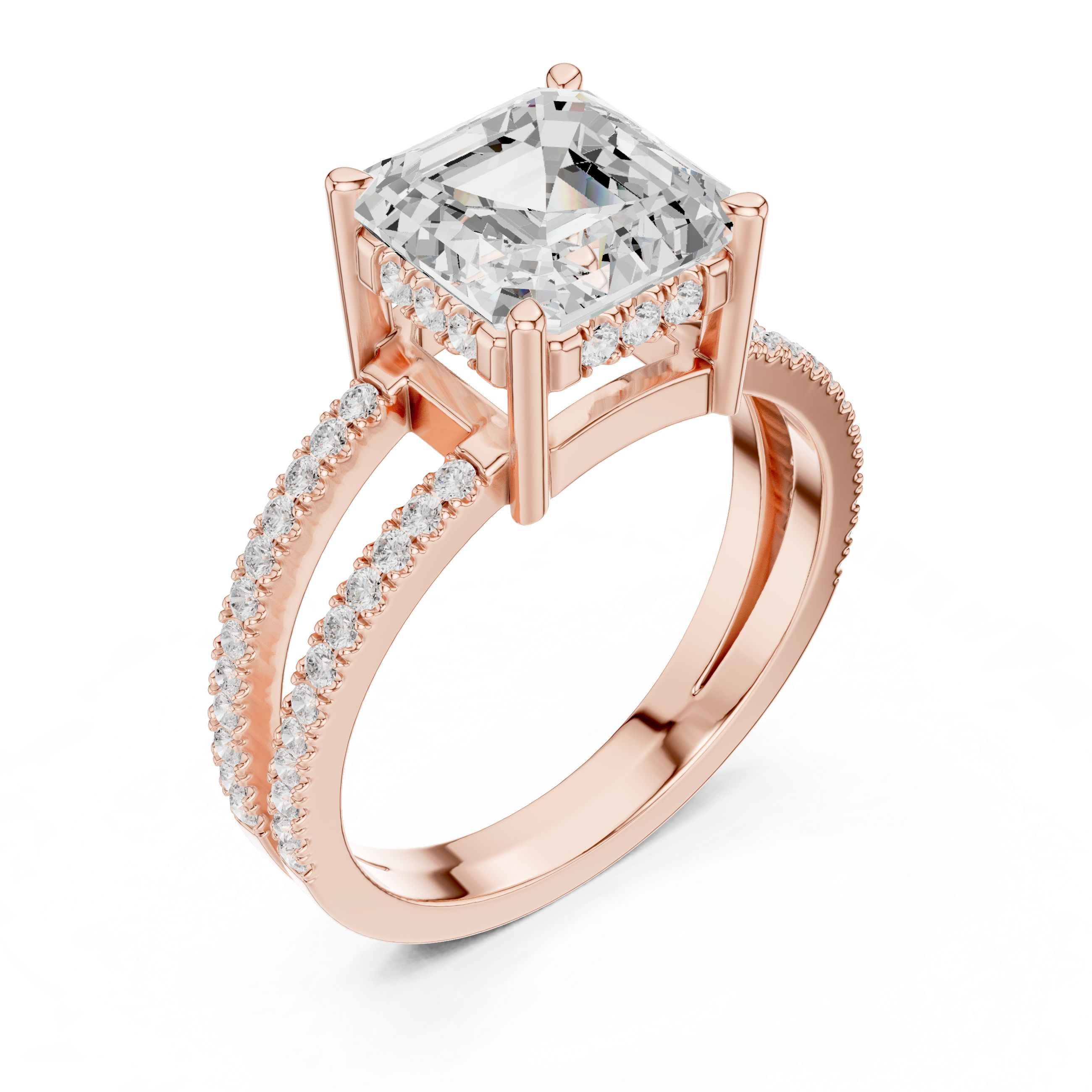 Emerald Cut Double Band Pavé Engagement Ring