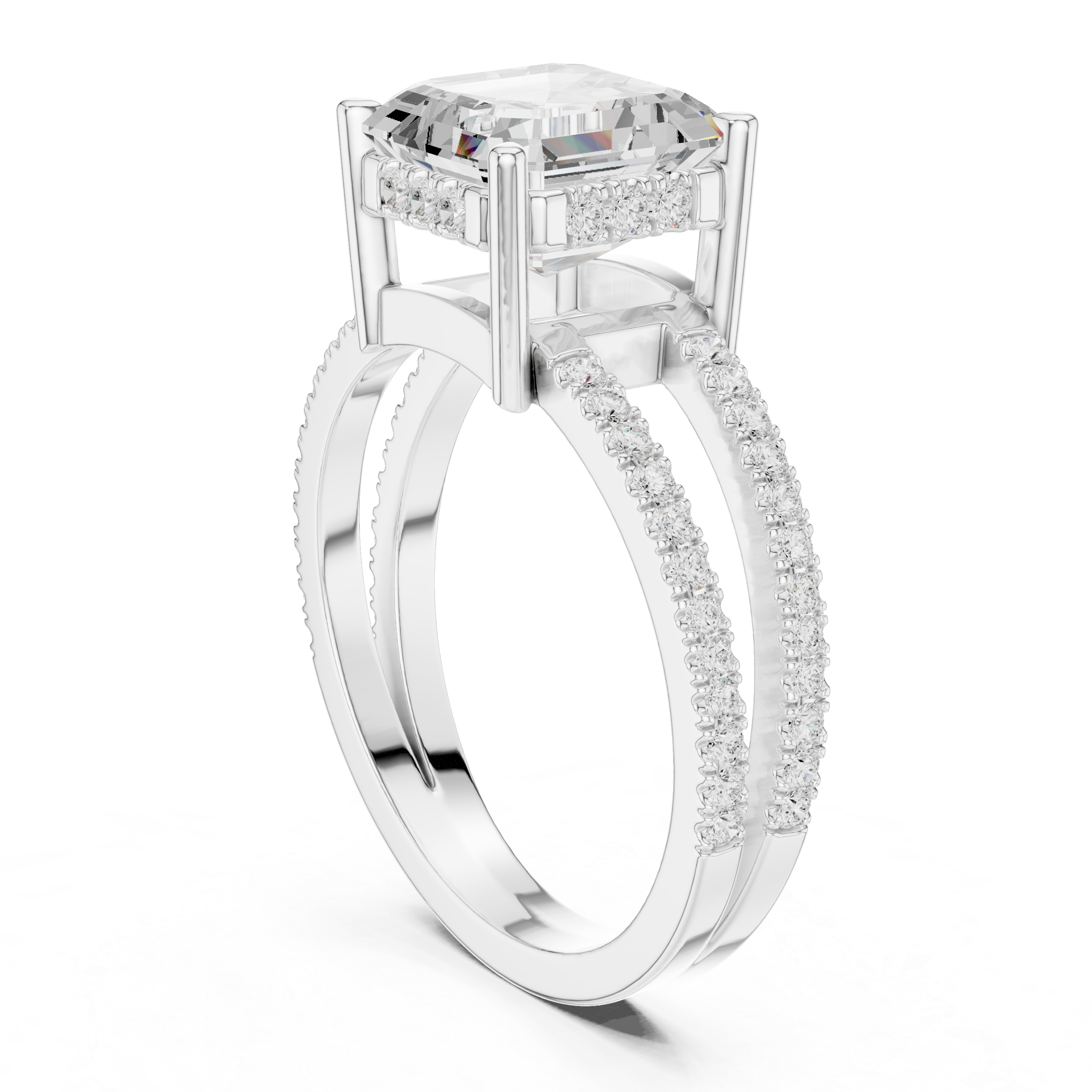 Emerald Cut Double Band Pavé Engagement Ring