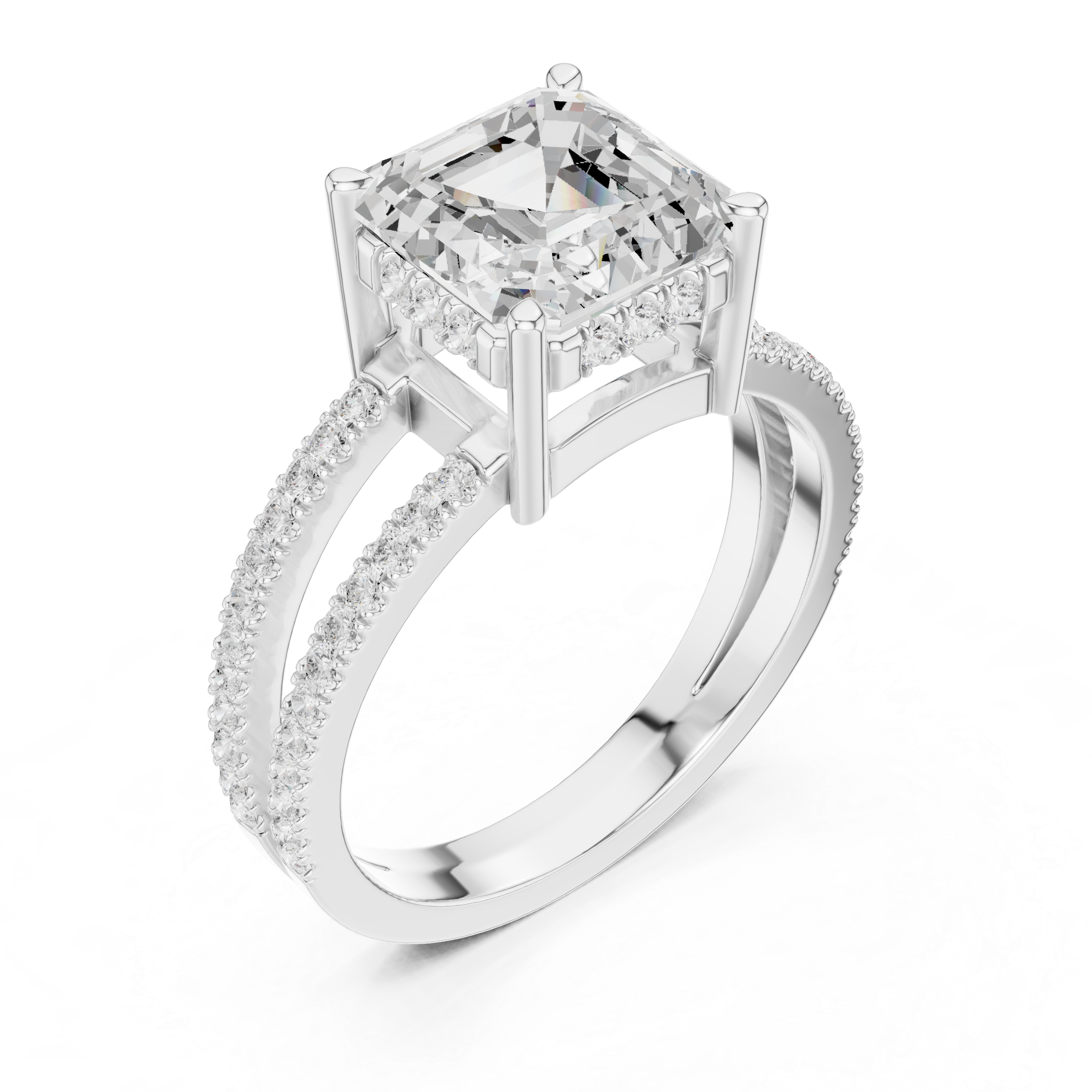 Emerald Cut Double Band Pavé Engagement Ring