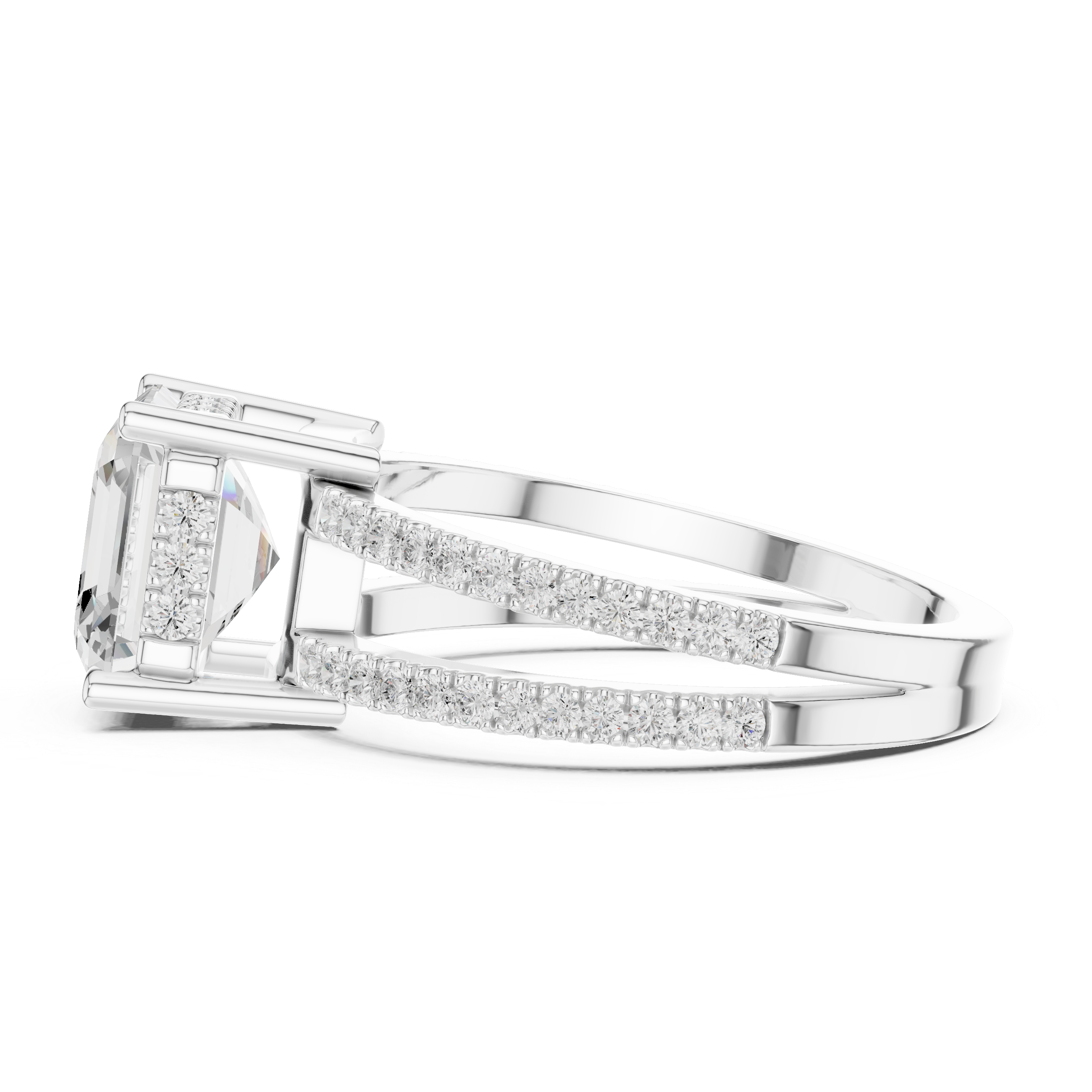Emerald Cut Double Band Pavé Engagement Ring