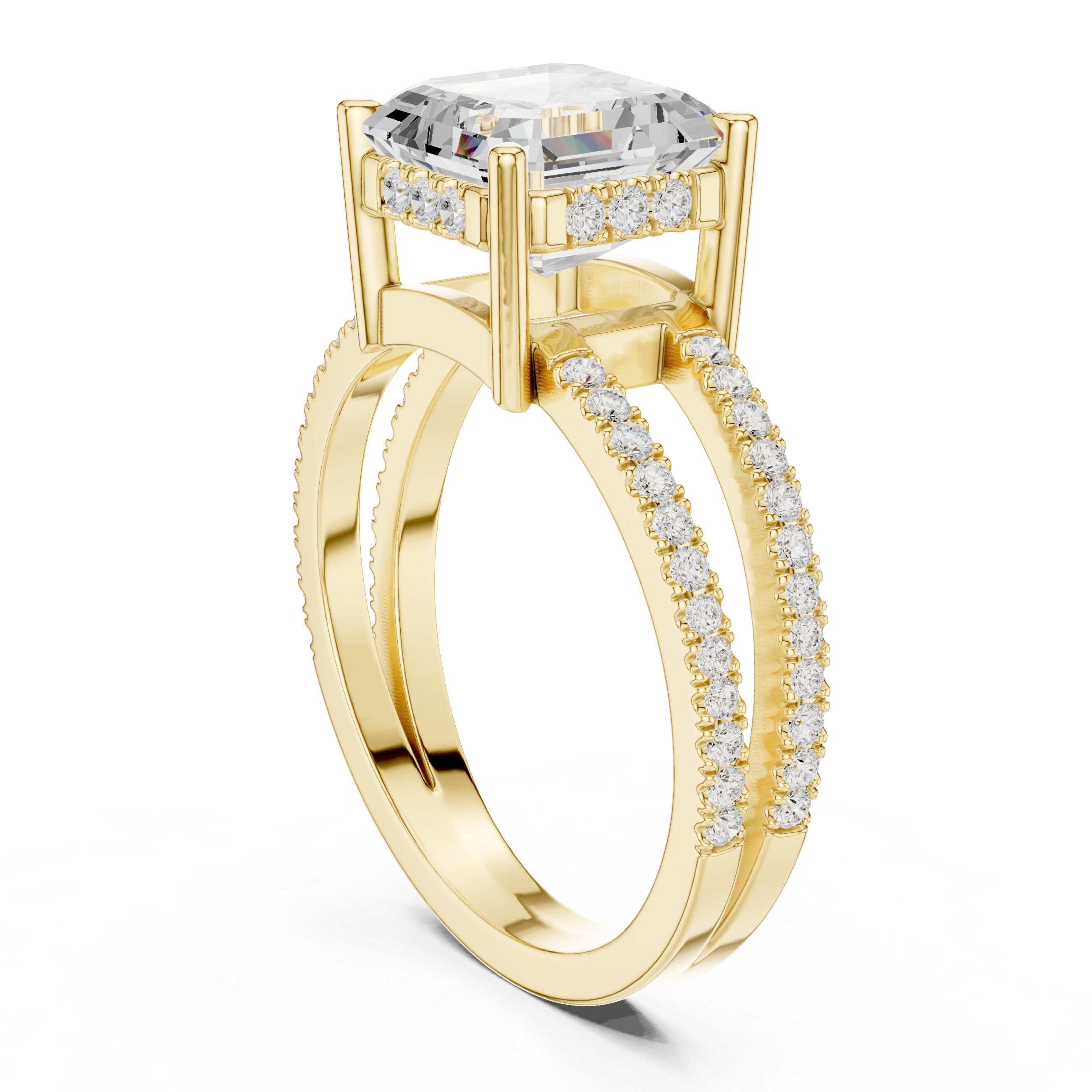 Emerald Cut Double Band Pavé Engagement Ring