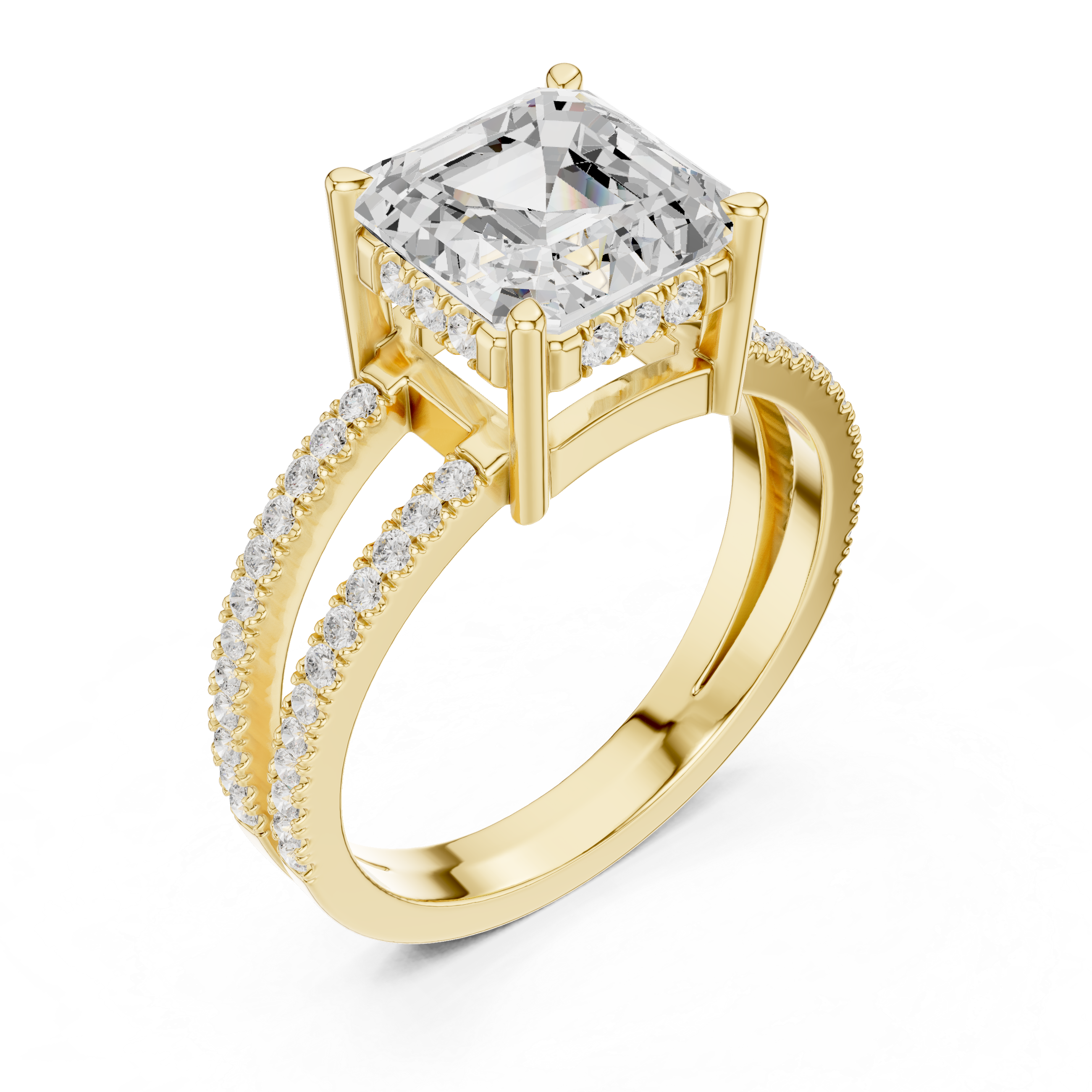 Emerald Cut Double Band Pavé Engagement Ring