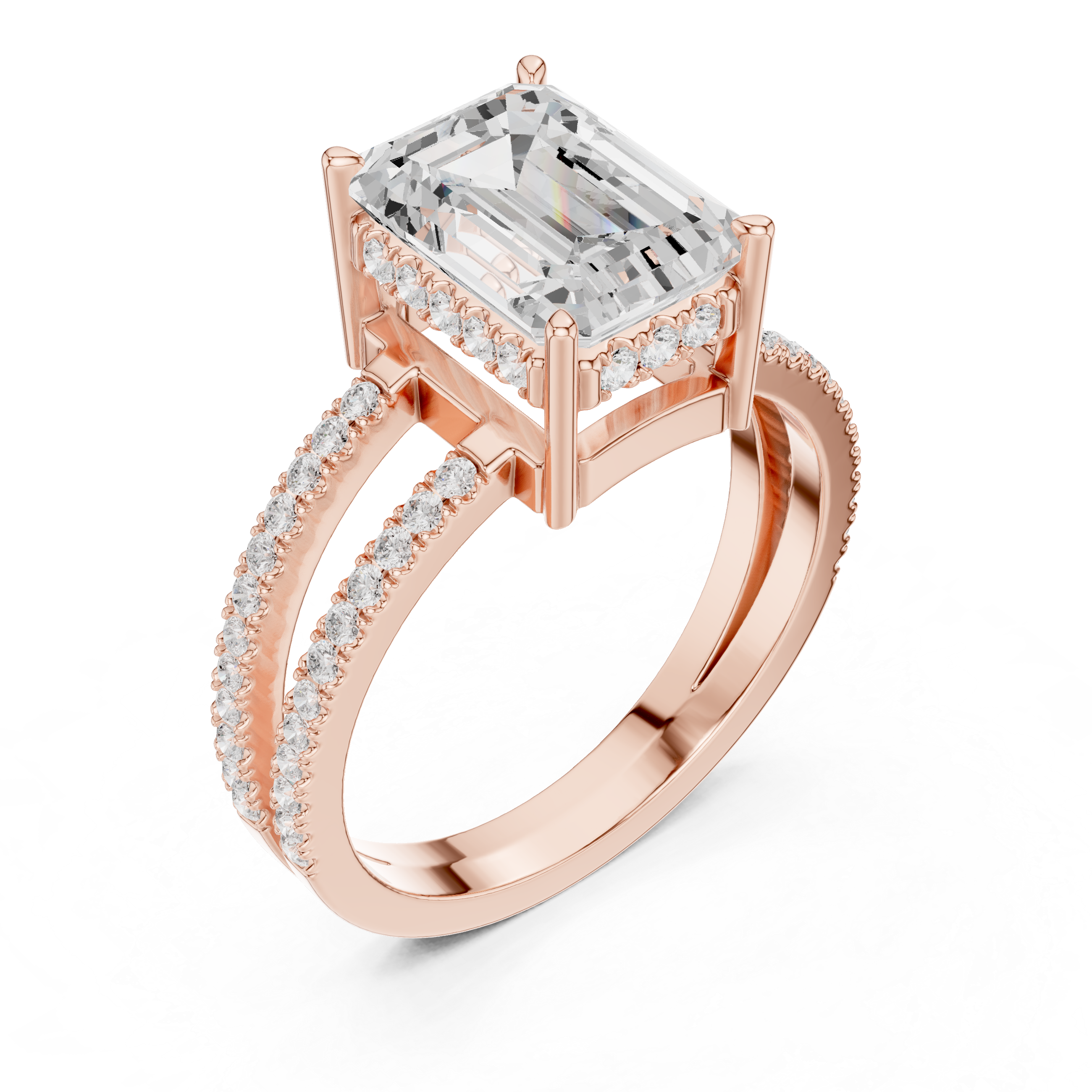 Emerald Cut Double Band Pavé Engagement Ring