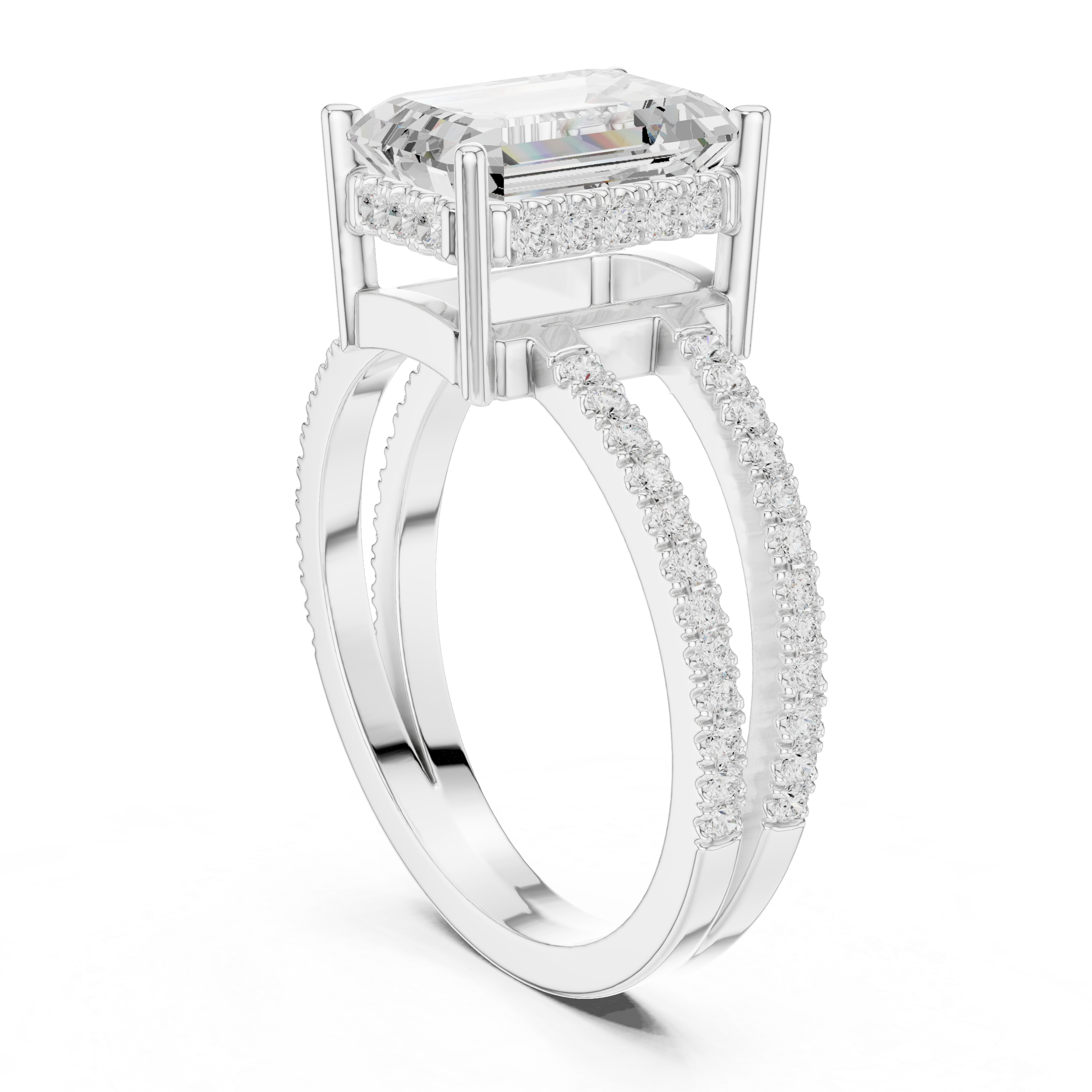 Emerald Cut Double Band Pavé Engagement Ring