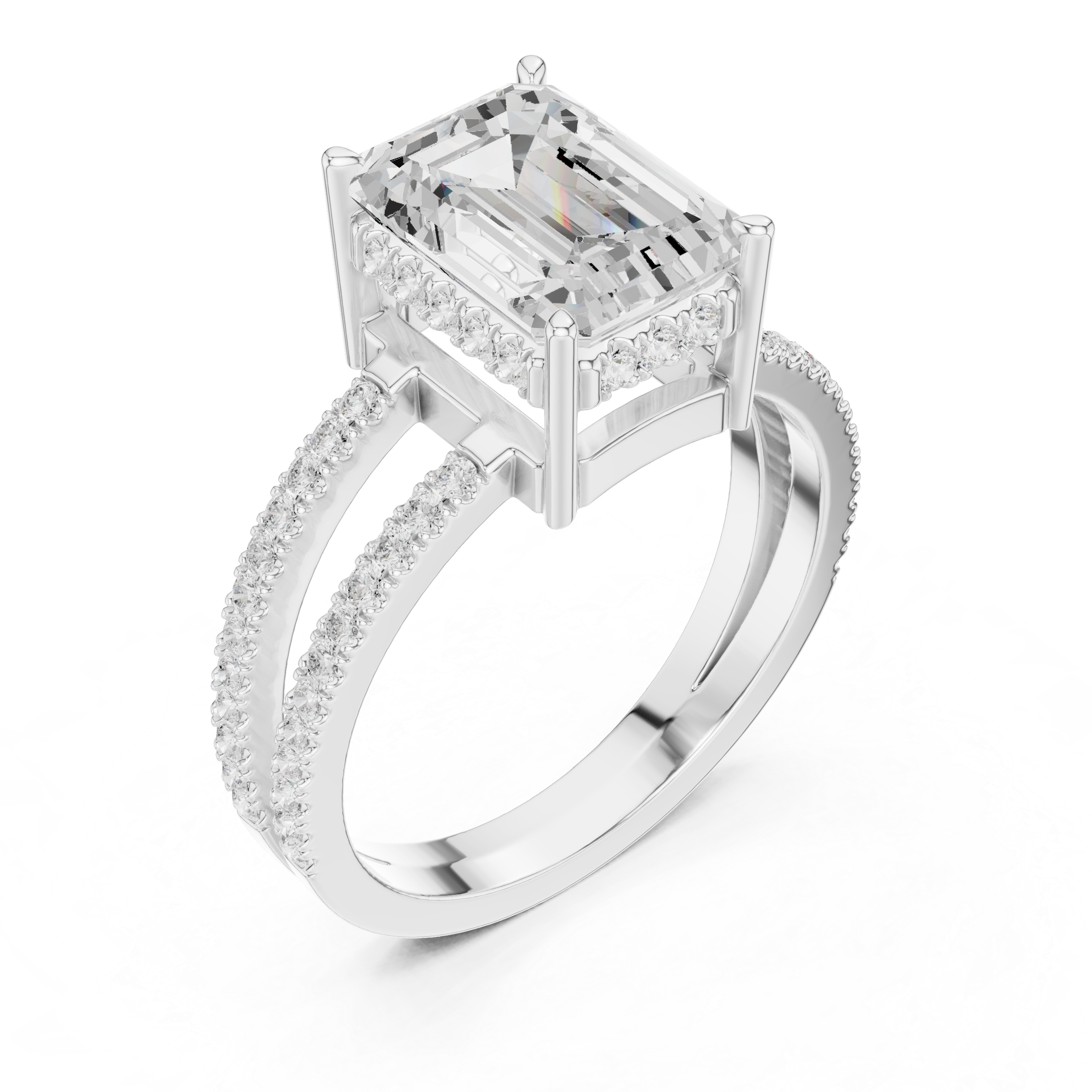 Emerald Cut Double Band Pavé Engagement Ring