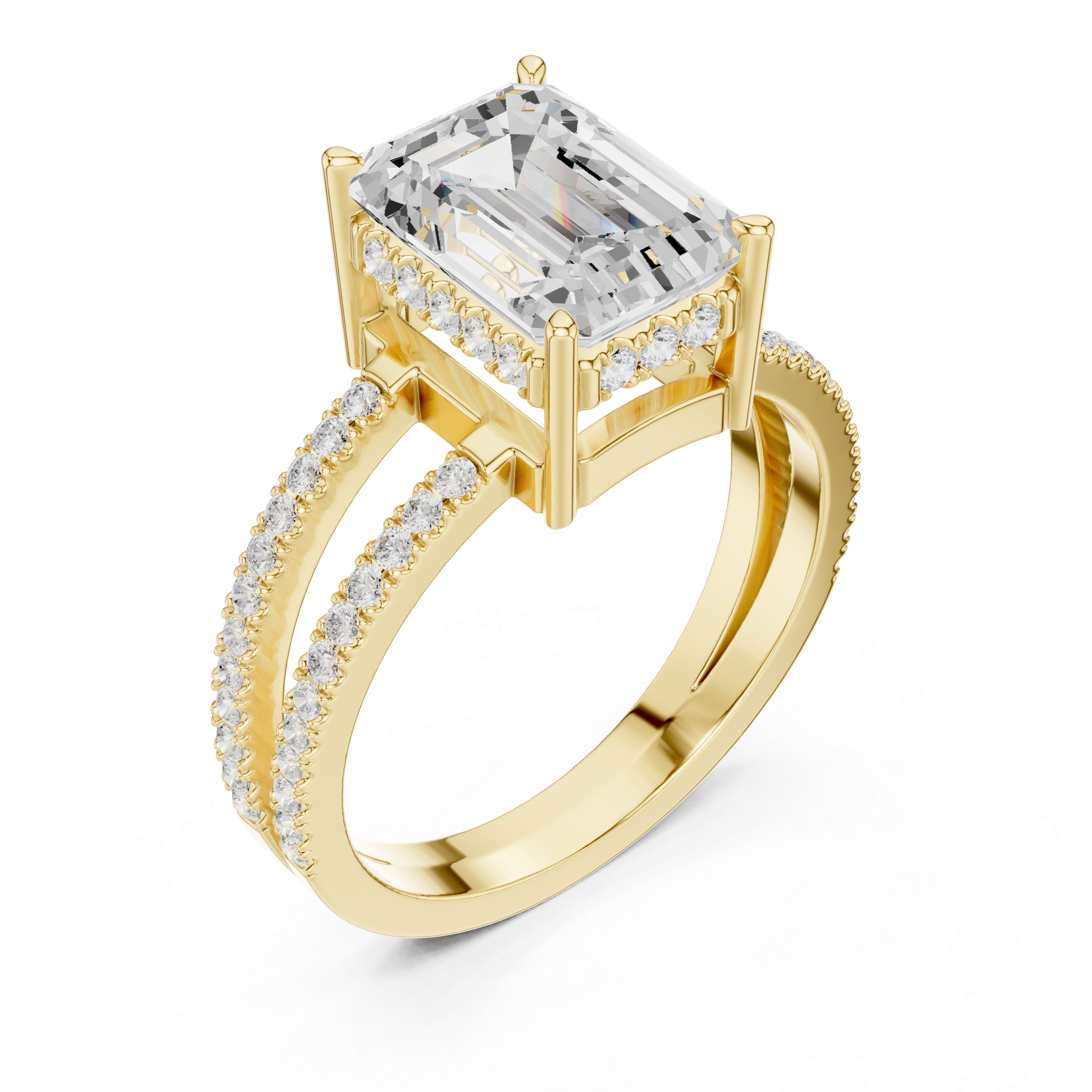 Emerald Cut Double Band Pavé Engagement Ring