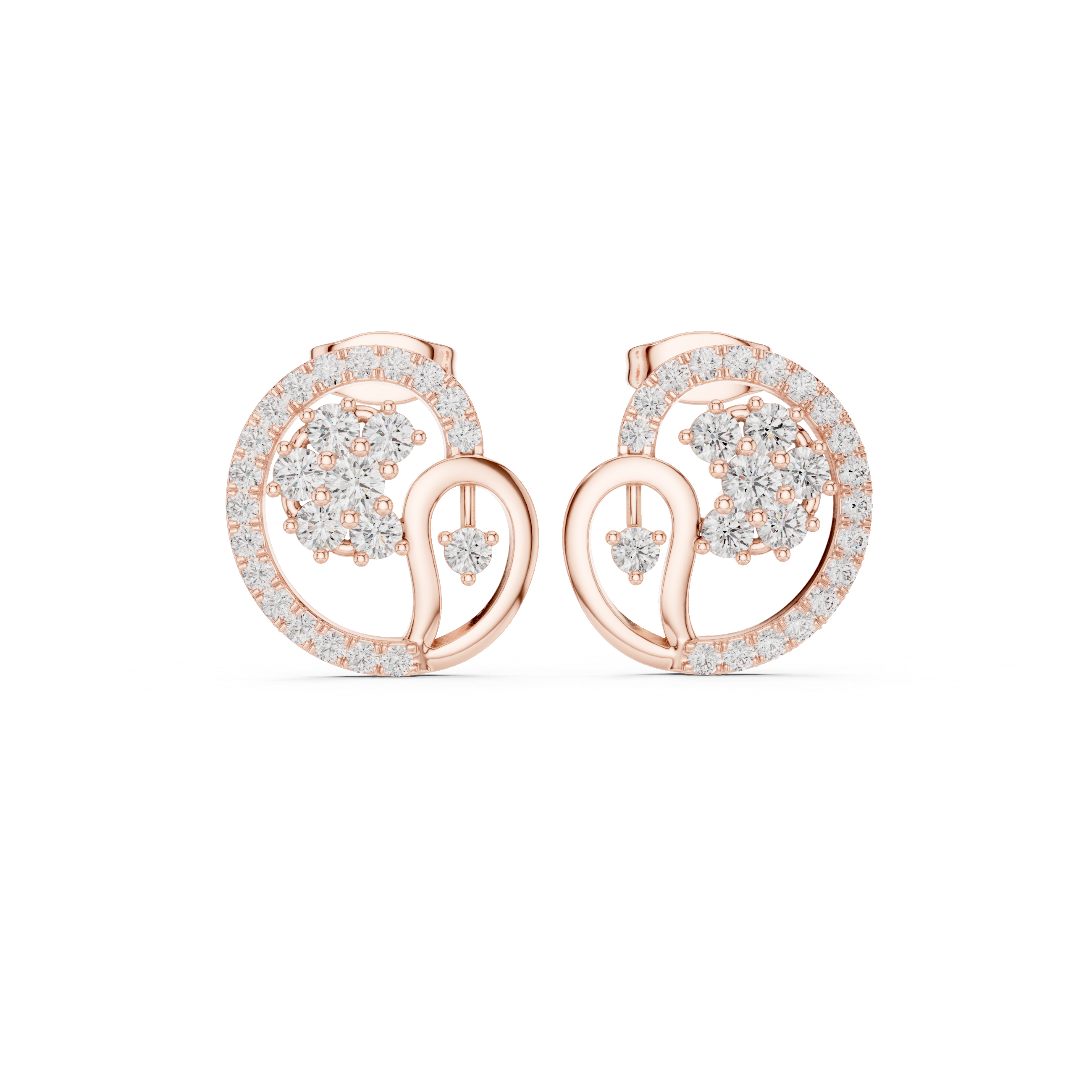 Modern Swirl Halo Diamond Stud Earrings with Cluster Center