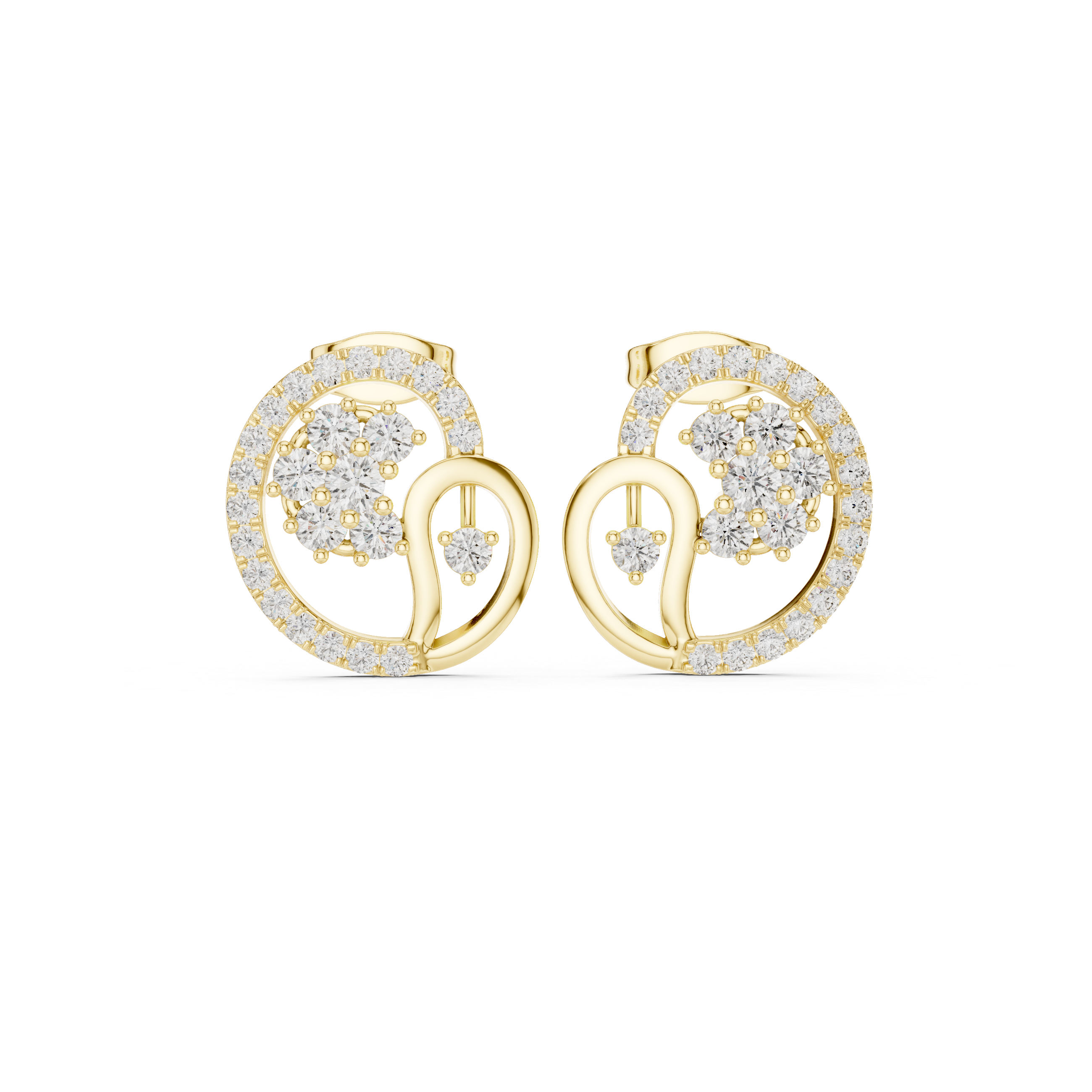 Modern Swirl Halo Diamond Stud Earrings with Cluster Center