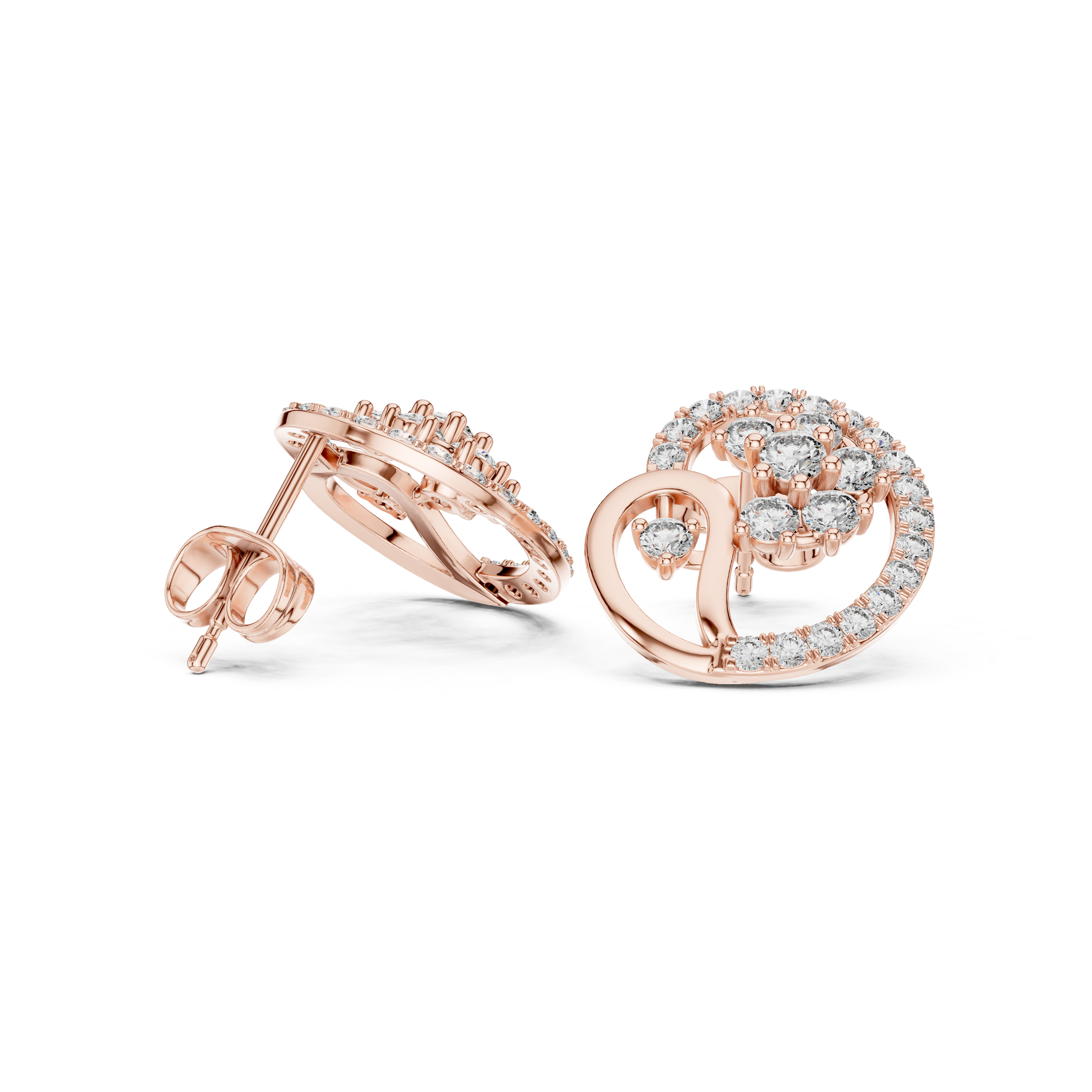 Modern Swirl Halo Diamond Stud Earrings with Cluster Center