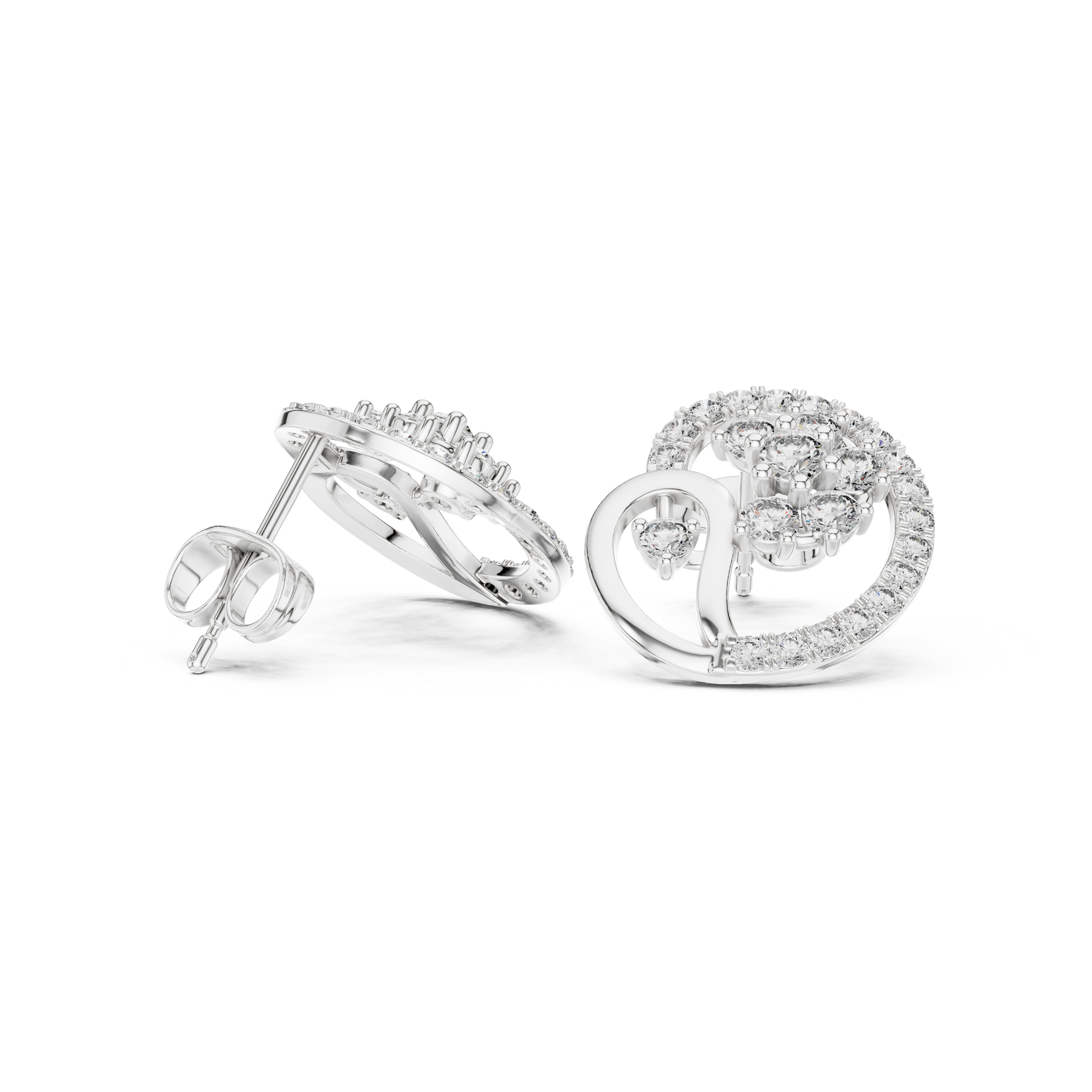 Modern Swirl Halo Diamond Stud Earrings with Cluster Center