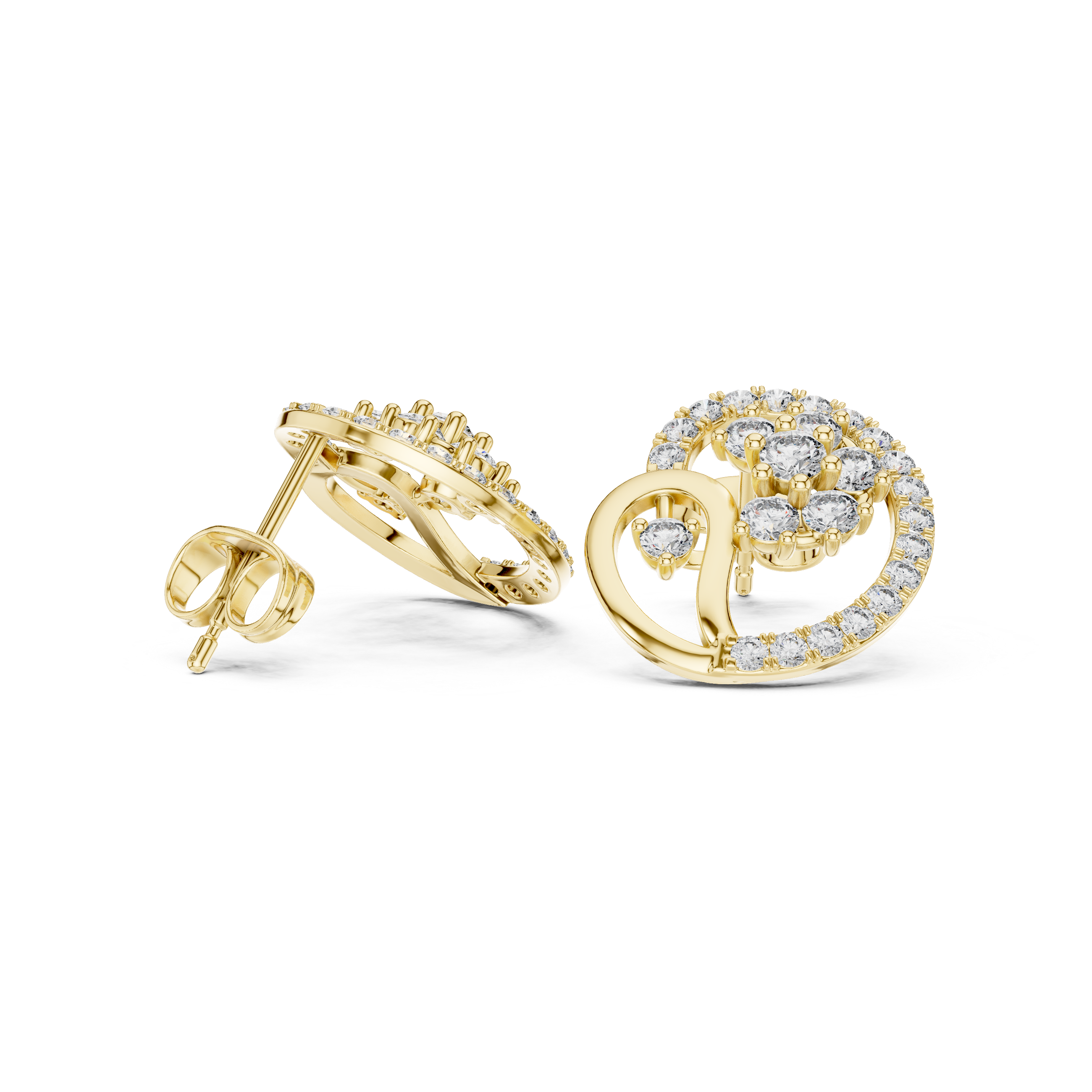 Modern Swirl Halo Diamond Stud Earrings with Cluster Center