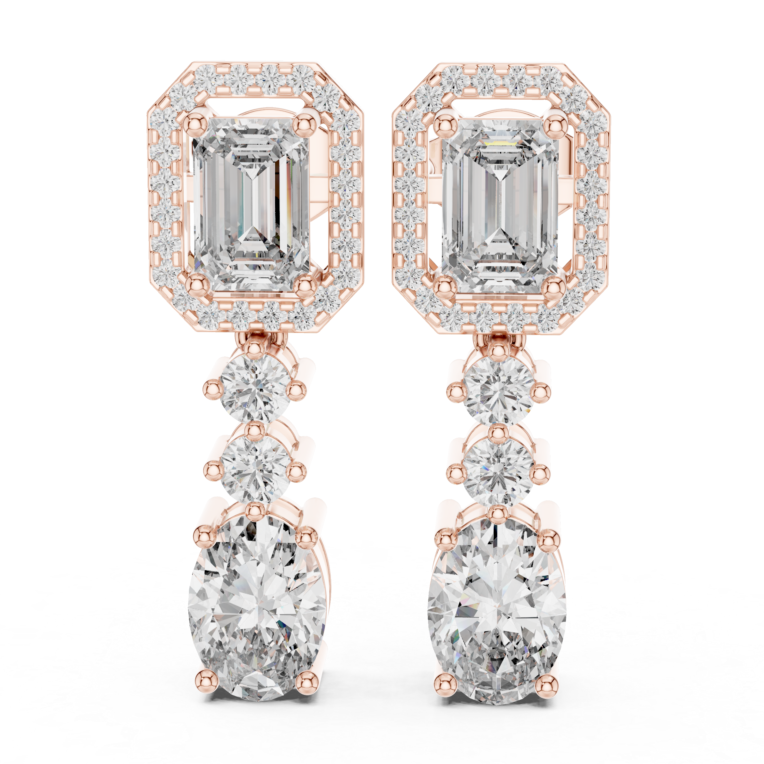 Emerald Cut Halo Drop Diamond Earrings with Oval Finish
