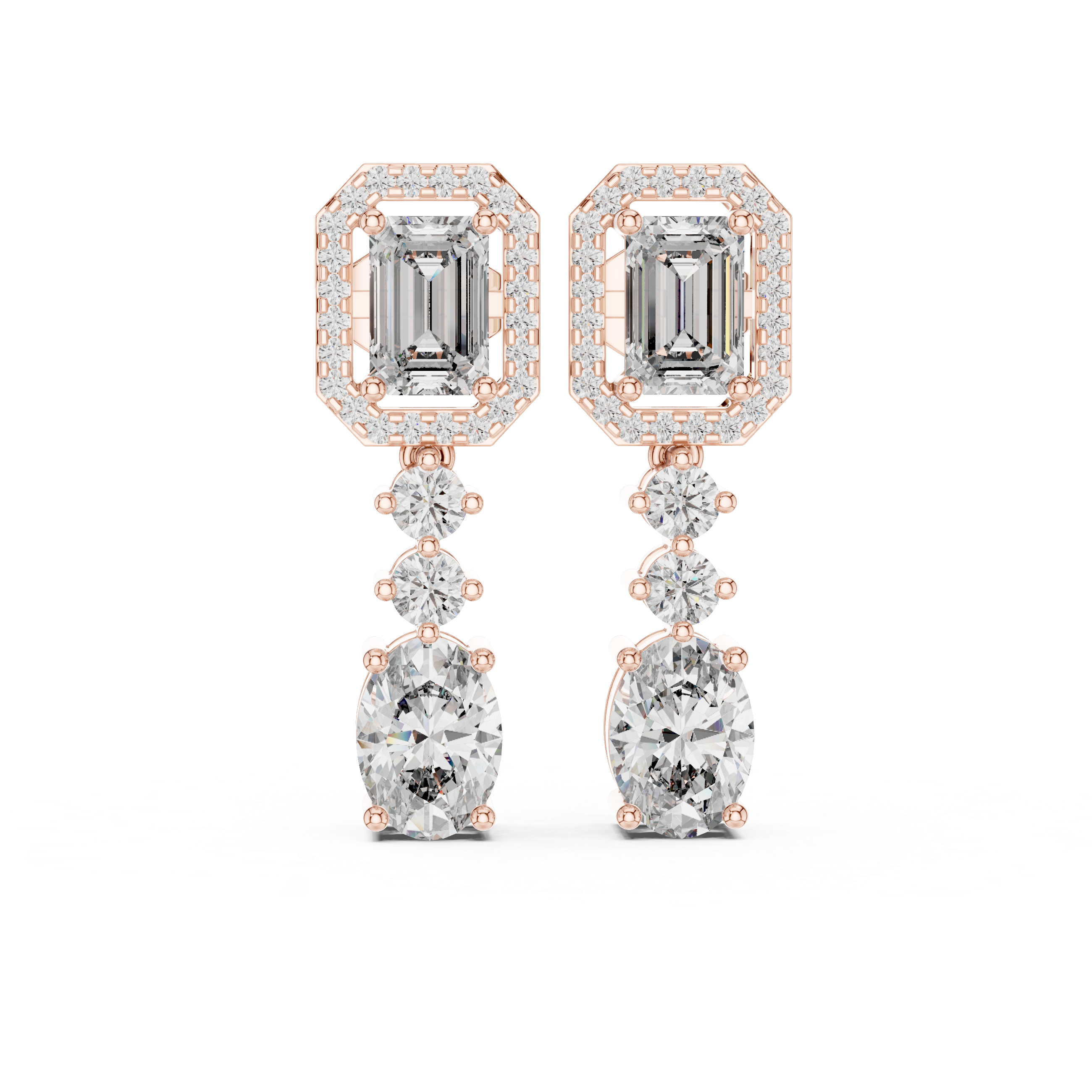 Emerald Cut Halo Drop Diamond Earrings with Oval Finish
