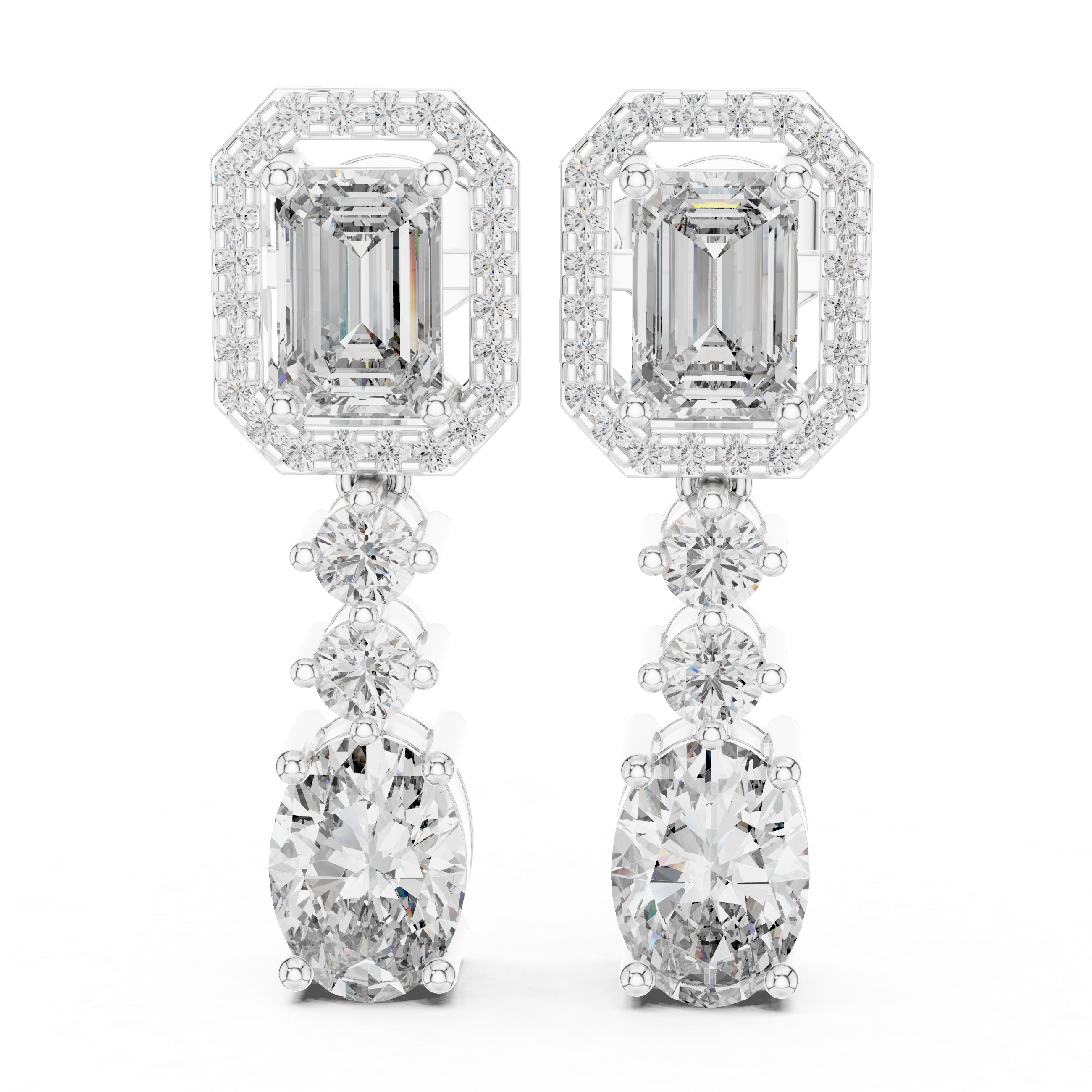 Emerald Cut Halo Drop Diamond Earrings with Oval Finish