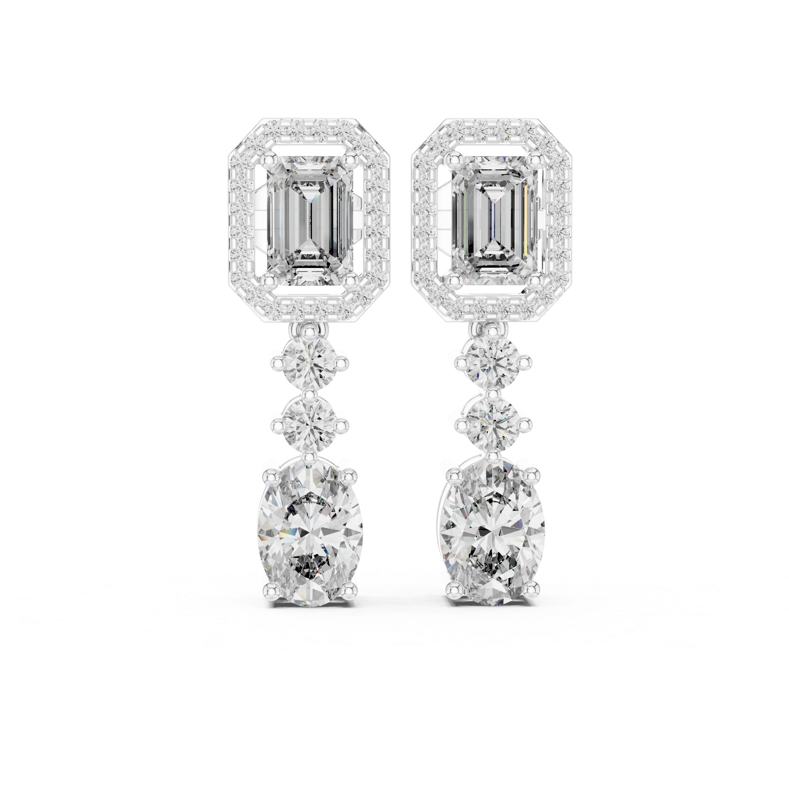 Emerald Cut Halo Drop Diamond Earrings with Oval Finish