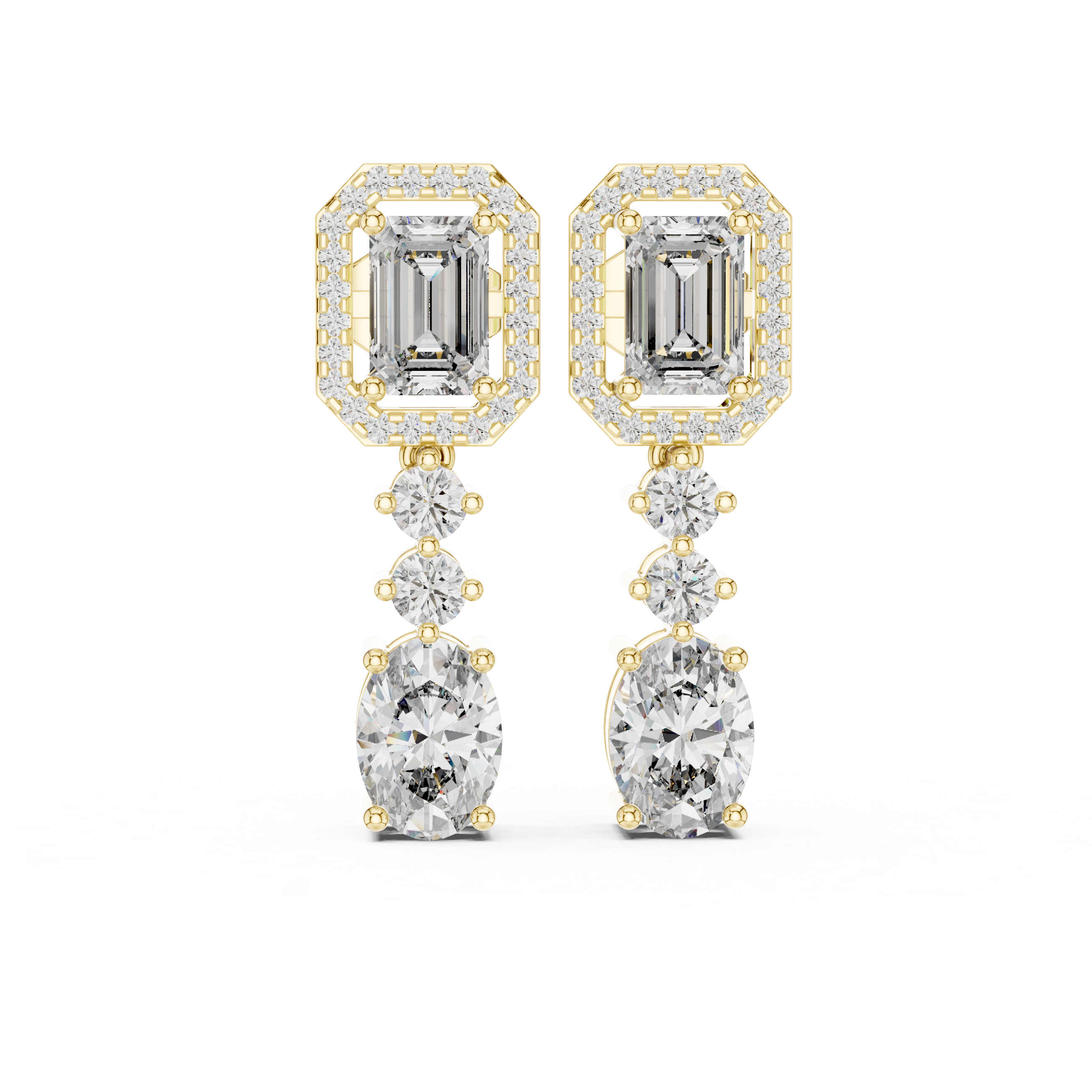 Emerald Cut Halo Drop Diamond Earrings with Oval Finish