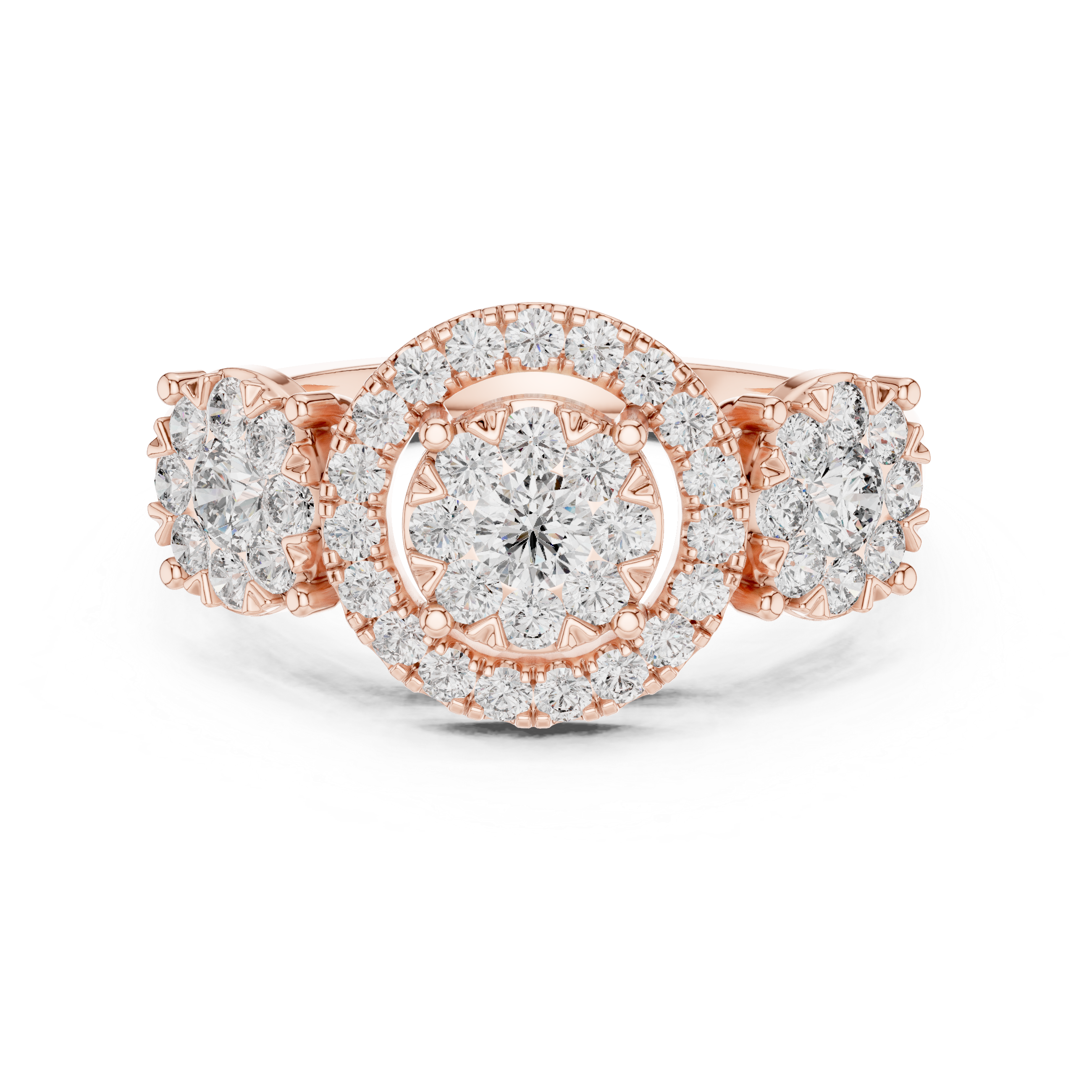 Luxury Three-Stone Diamond Halo Ring – Vintage Cluster Engagement Ring
