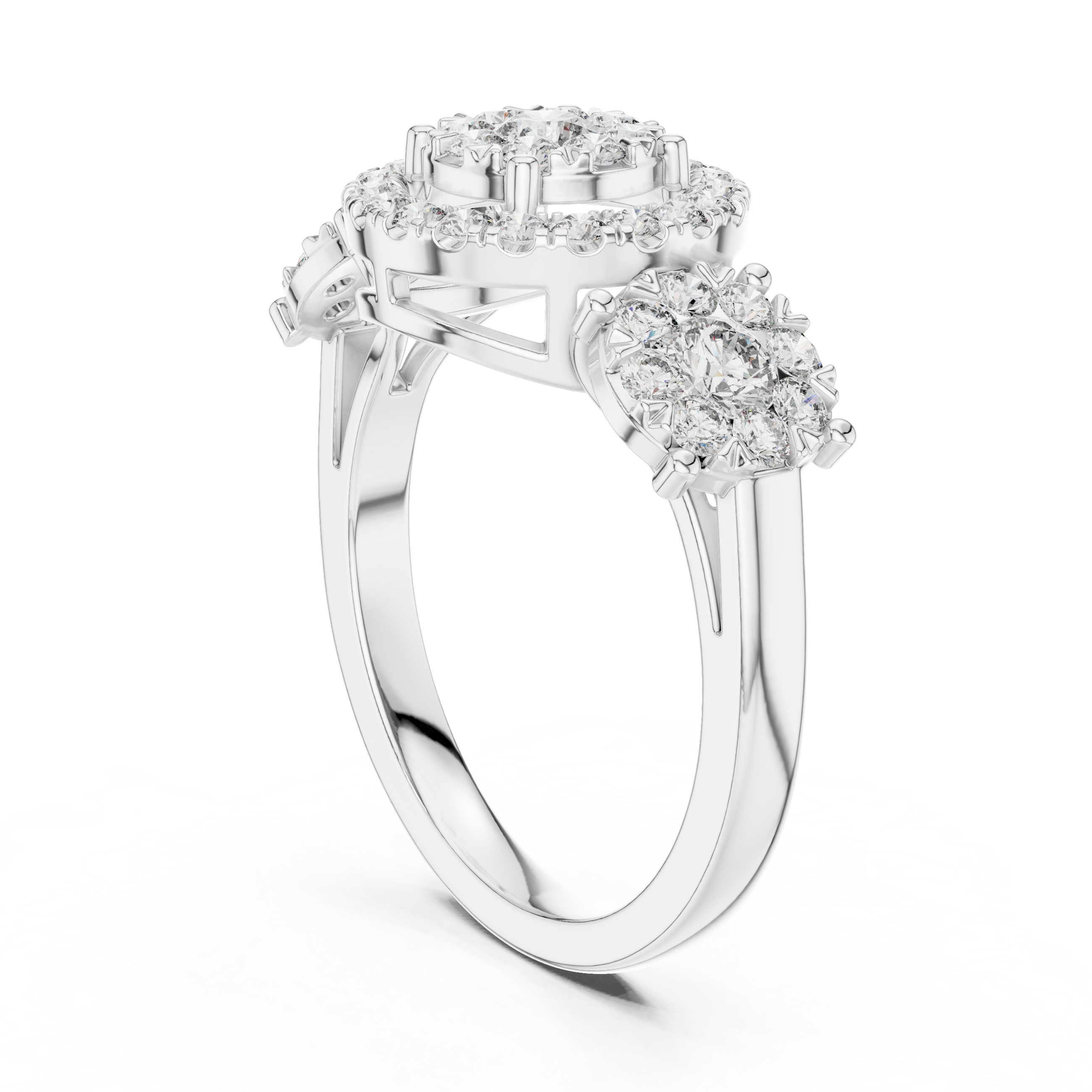 Luxury Three-Stone Diamond Halo Ring – Vintage Cluster Engagement Ring