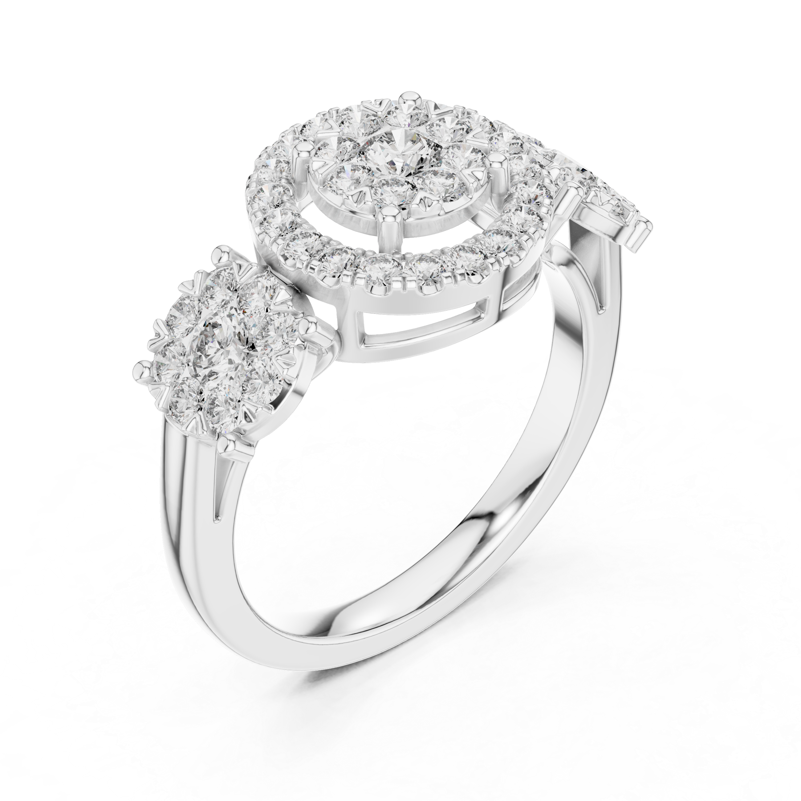 Luxury Three-Stone Diamond Halo Ring – Vintage Cluster Engagement Ring