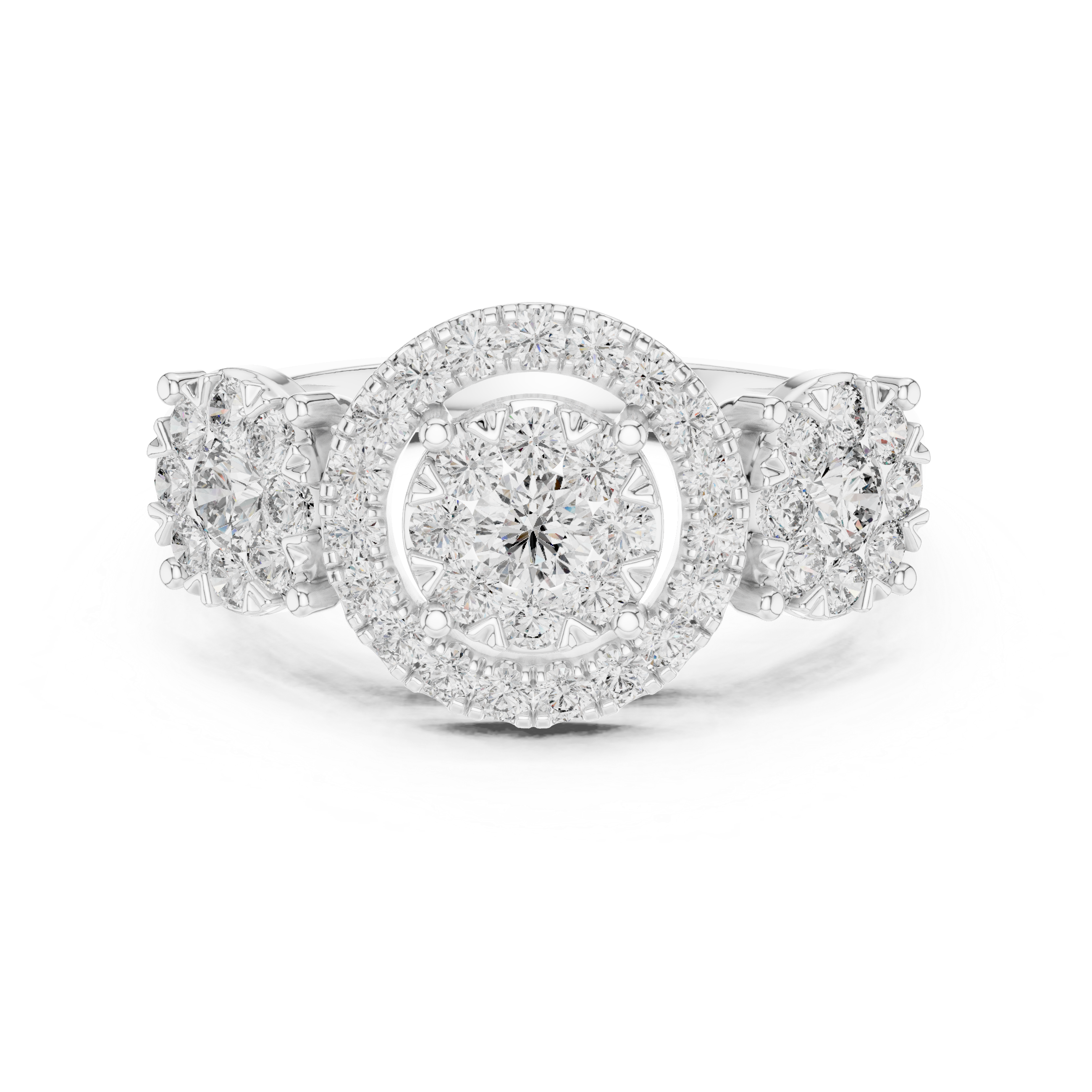 Luxury Three-Stone Diamond Halo Ring – Vintage Cluster Engagement Ring
