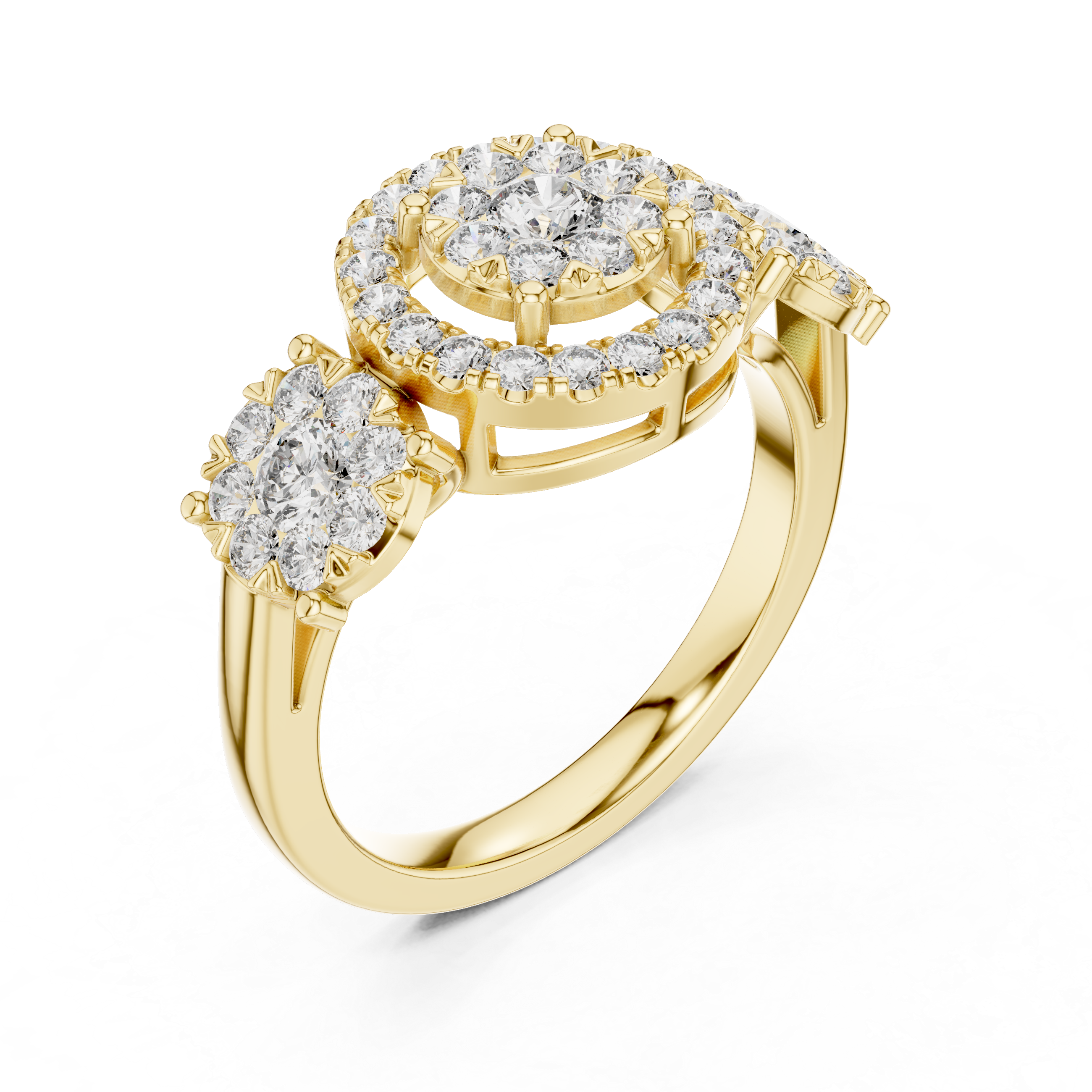 Luxury Three-Stone Diamond Halo Ring – Vintage Cluster Engagement Ring