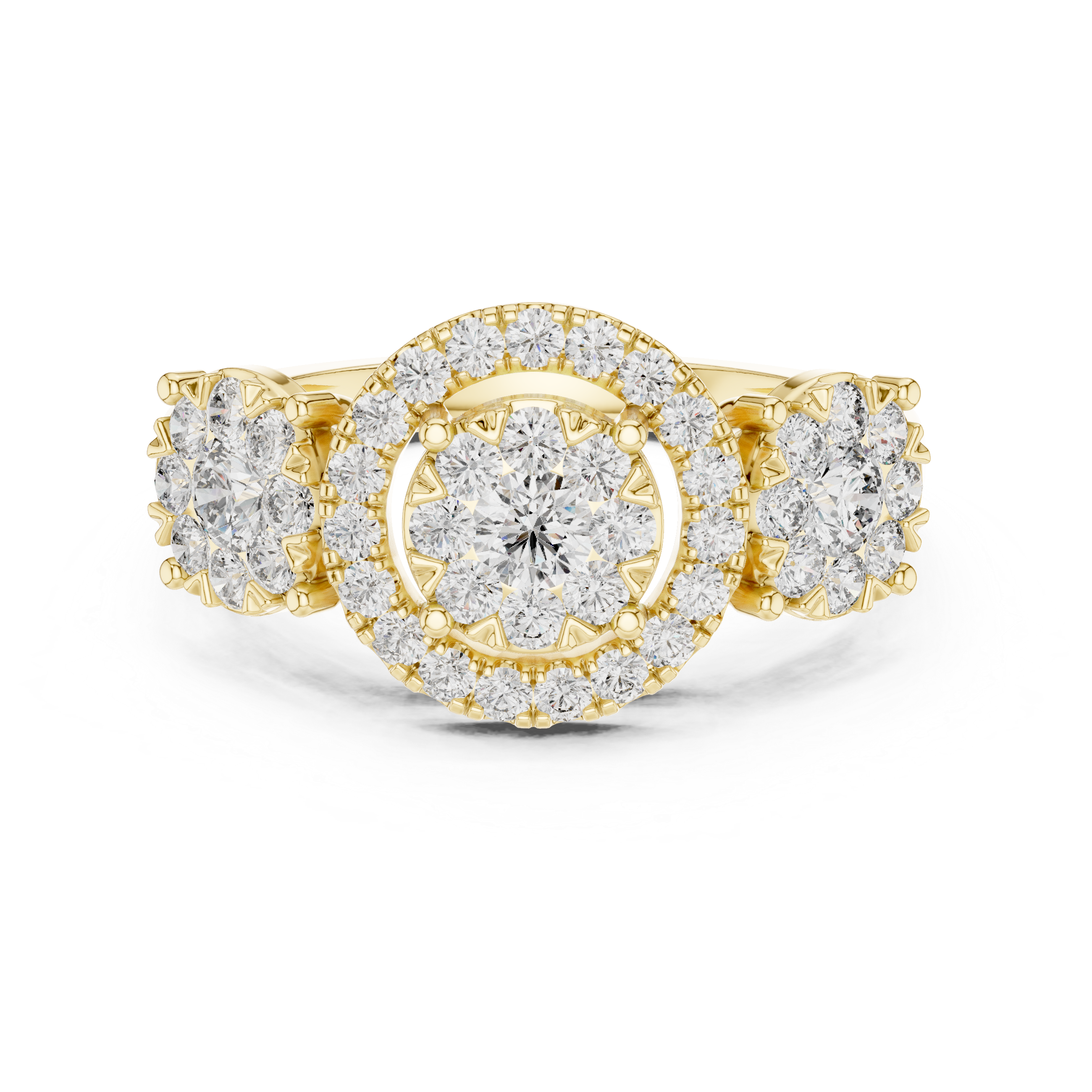 Luxury Three-Stone Diamond Halo Ring – Vintage Cluster Engagement Ring