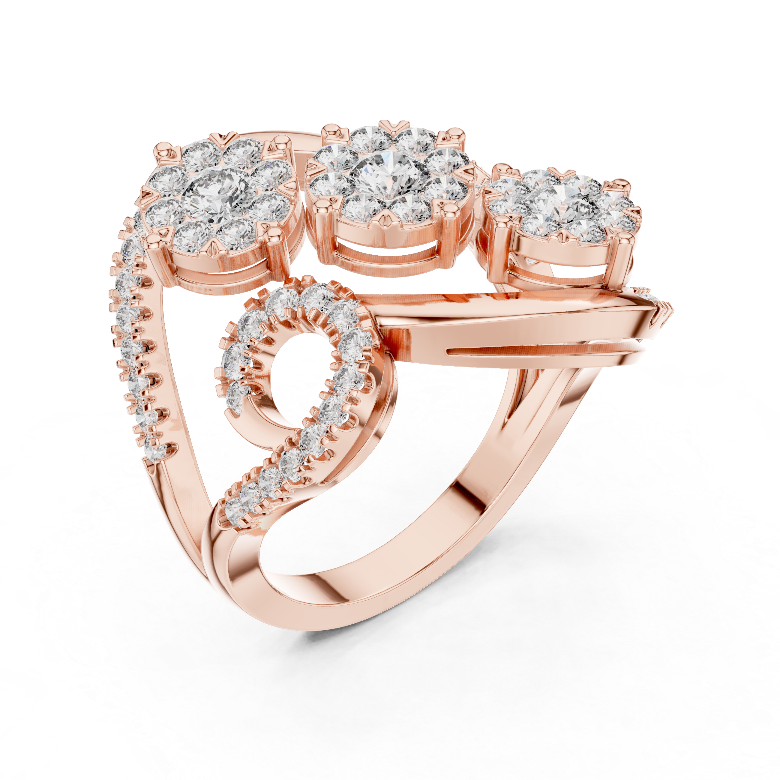 Luxury Diamond Swirl Cocktail Ring – Triple Cluster Halo Statement Ring