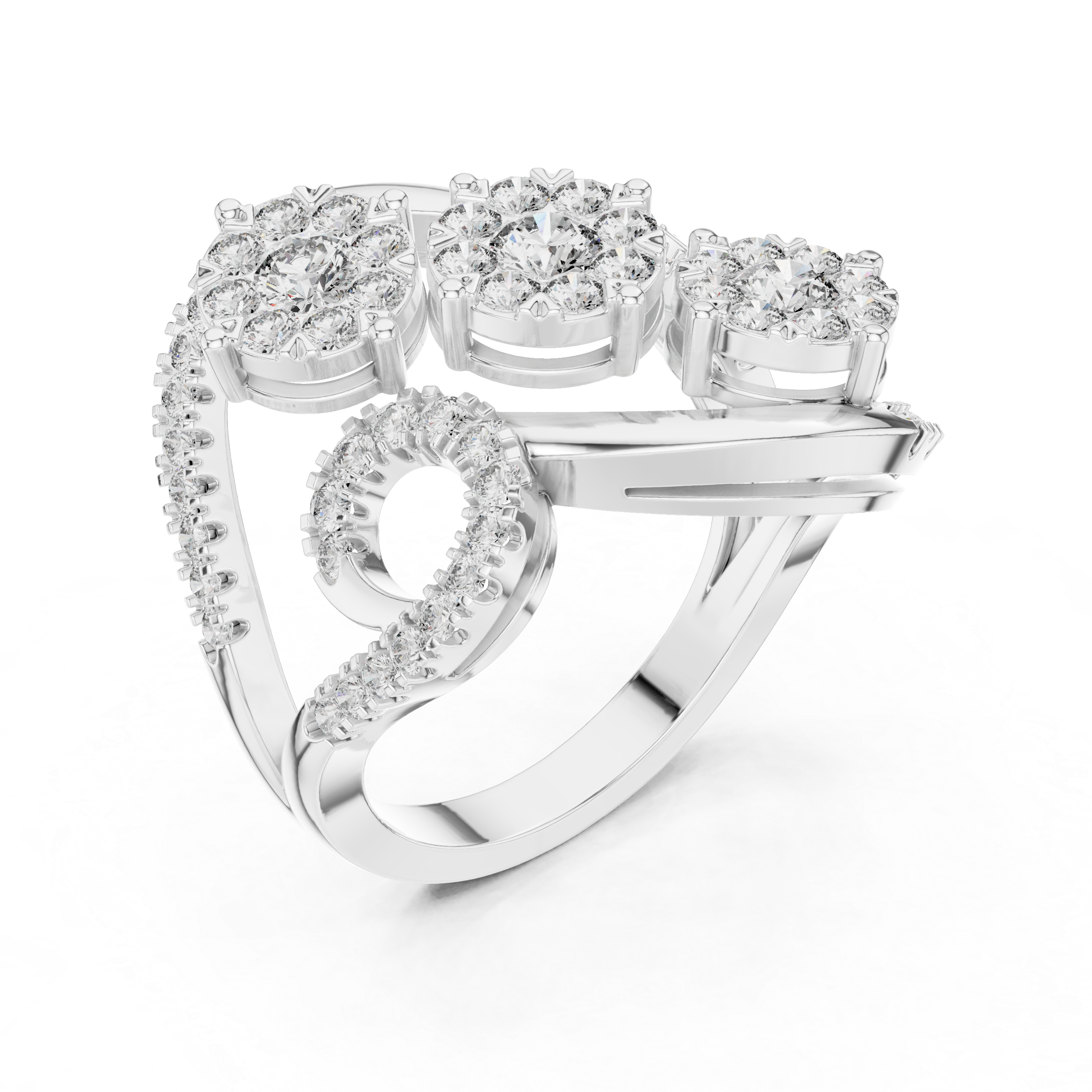 Luxury Diamond Swirl Cocktail Ring – Triple Cluster Halo Statement Ring