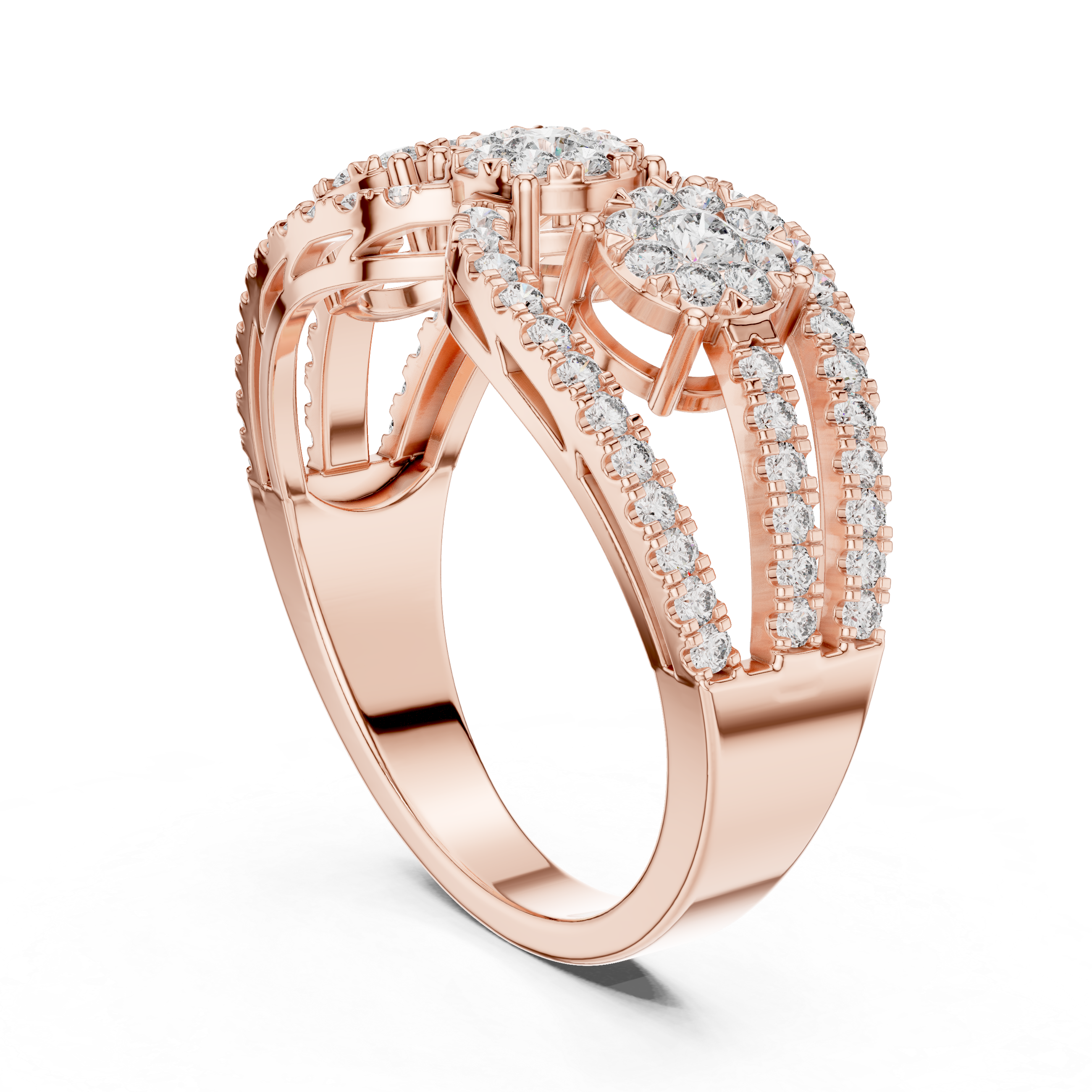 Triple Cluster Diamond Ring – Open Double Halo Split Shank Statement Ring