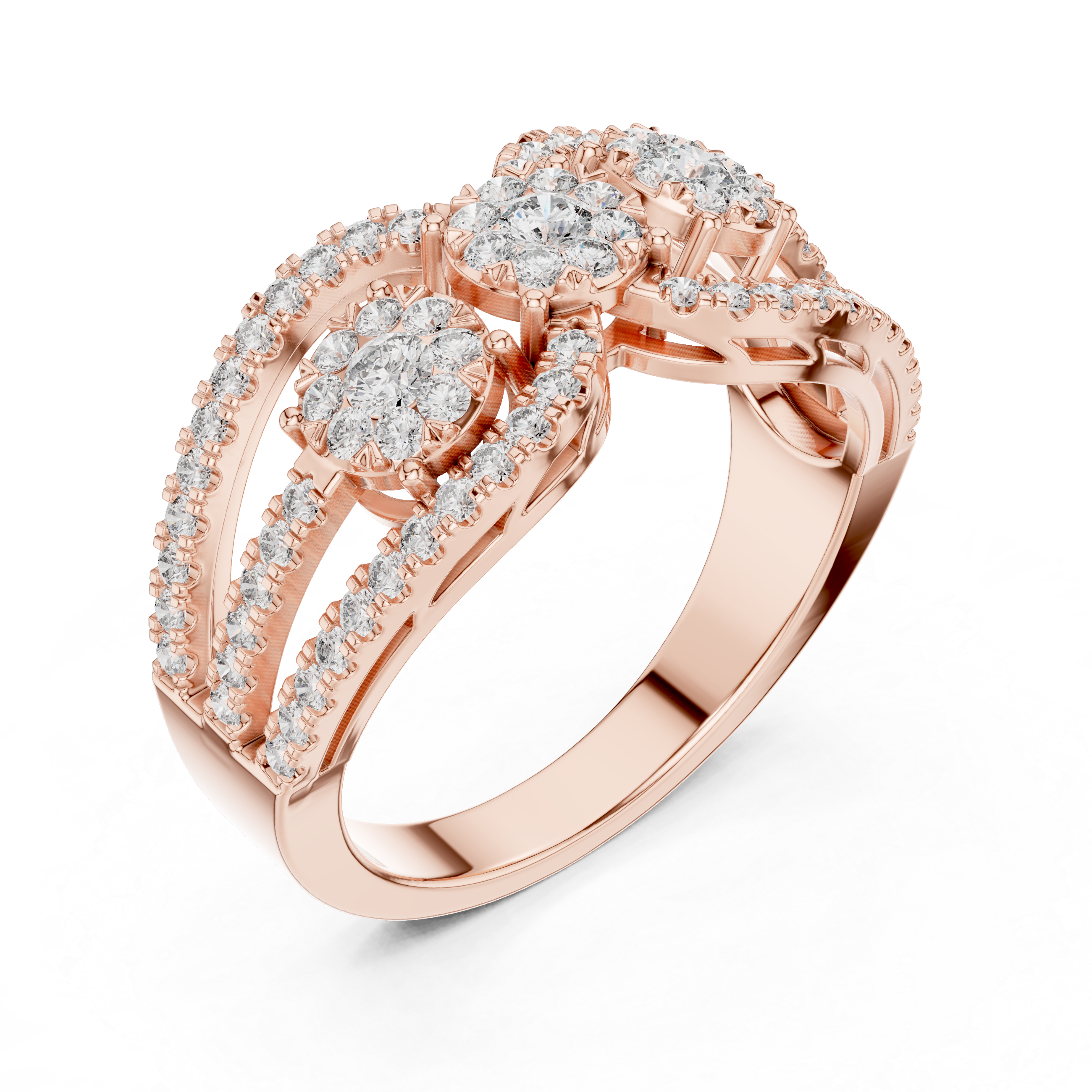 Triple Cluster Diamond Ring – Open Double Halo Split Shank Statement Ring