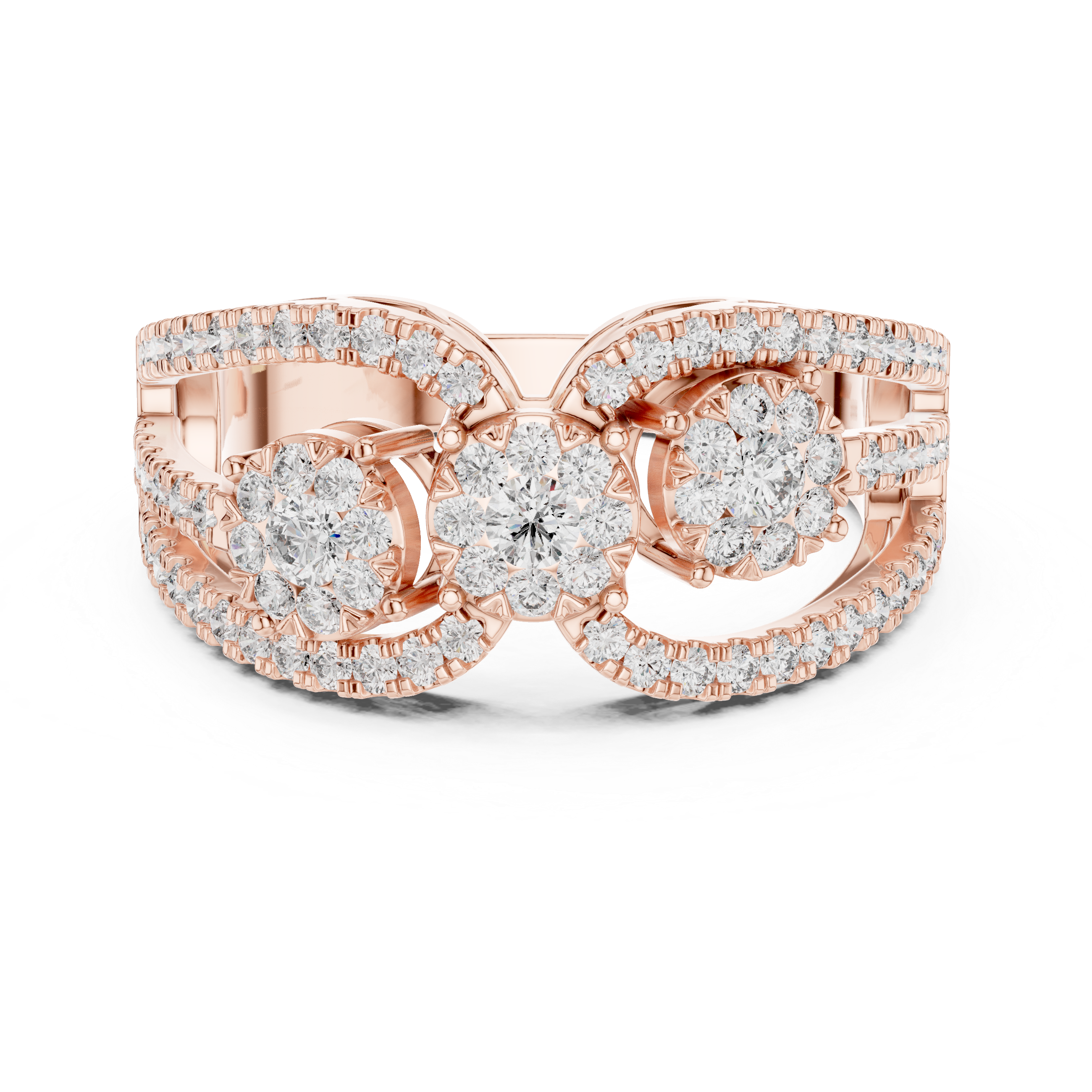 Triple Cluster Diamond Ring – Open Double Halo Split Shank Statement Ring