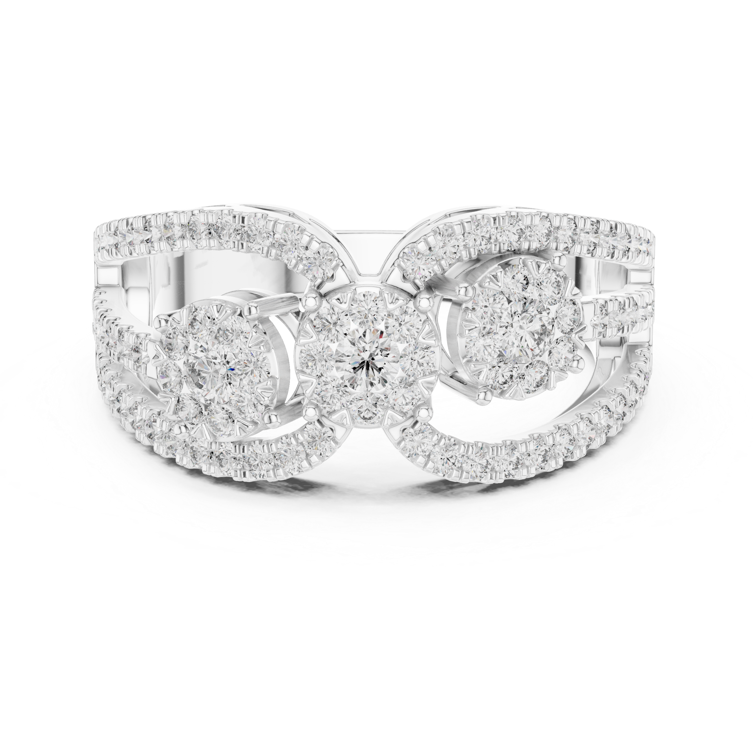 Triple Cluster Diamond Ring – Open Double Halo Split Shank Statement Ring