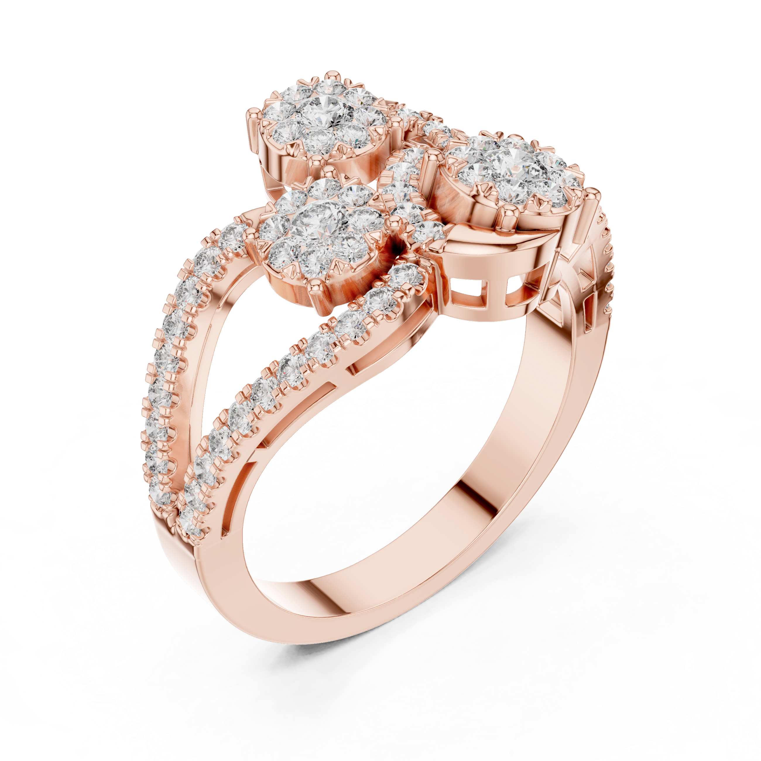 Three-Cluster Diamond Swirl Ring – Split Shank Pavé Statement Ring