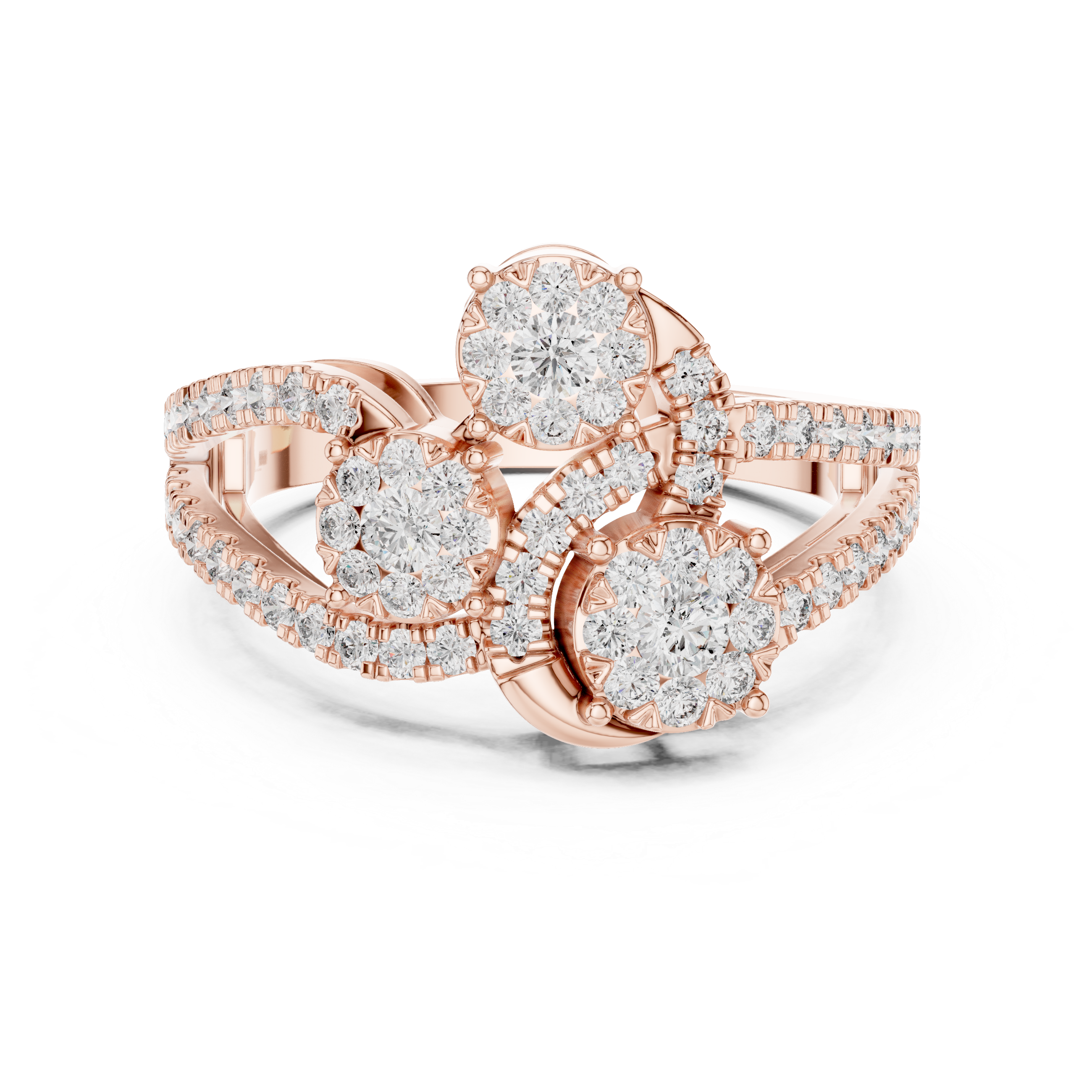 Three-Cluster Diamond Swirl Ring – Split Shank Pavé Statement Ring