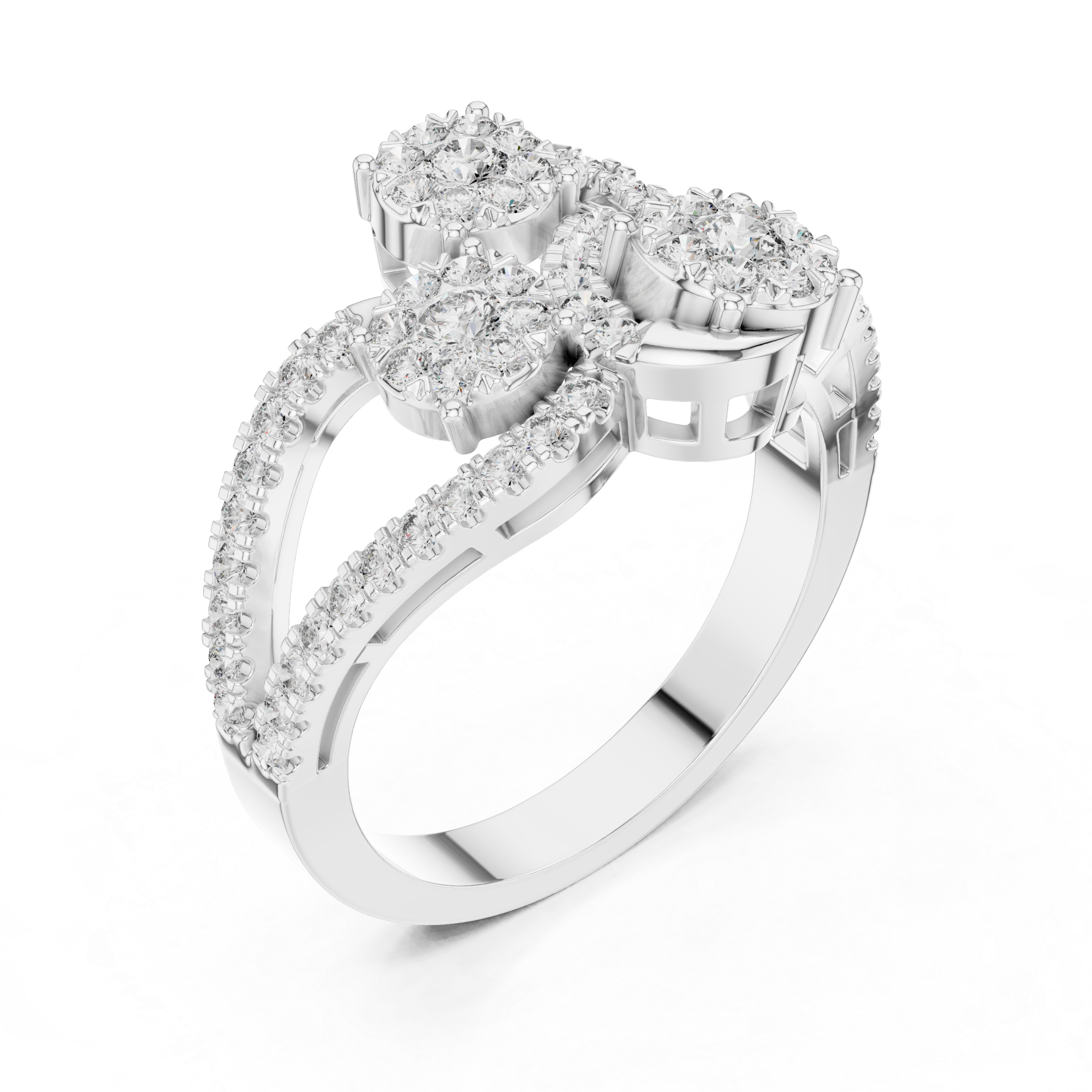 Three-Cluster Diamond Swirl Ring – Split Shank Pavé Statement Ring