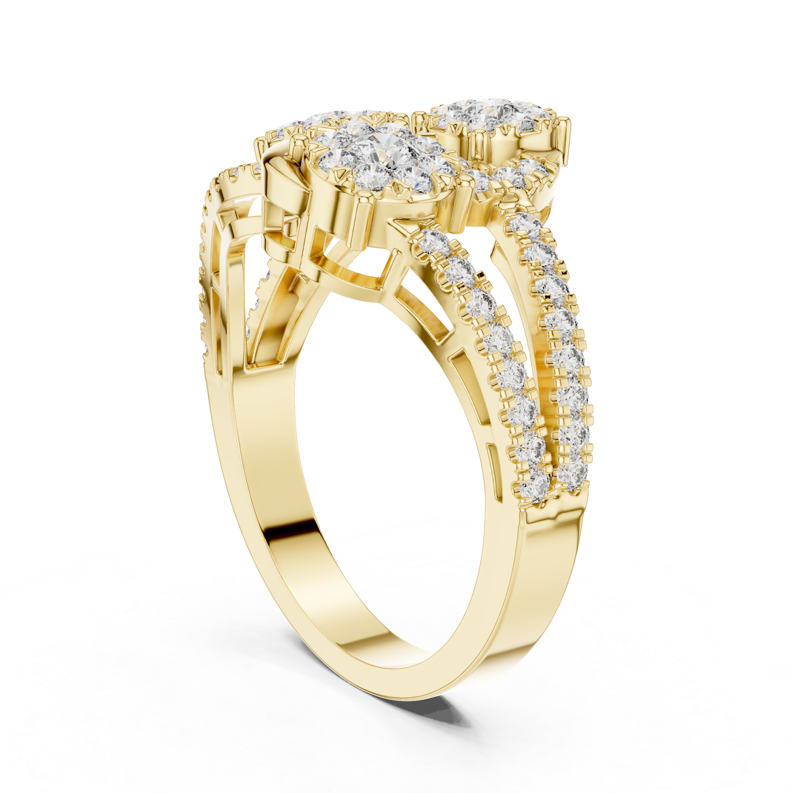 Three-Cluster Diamond Swirl Ring – Split Shank Pavé Statement Ring