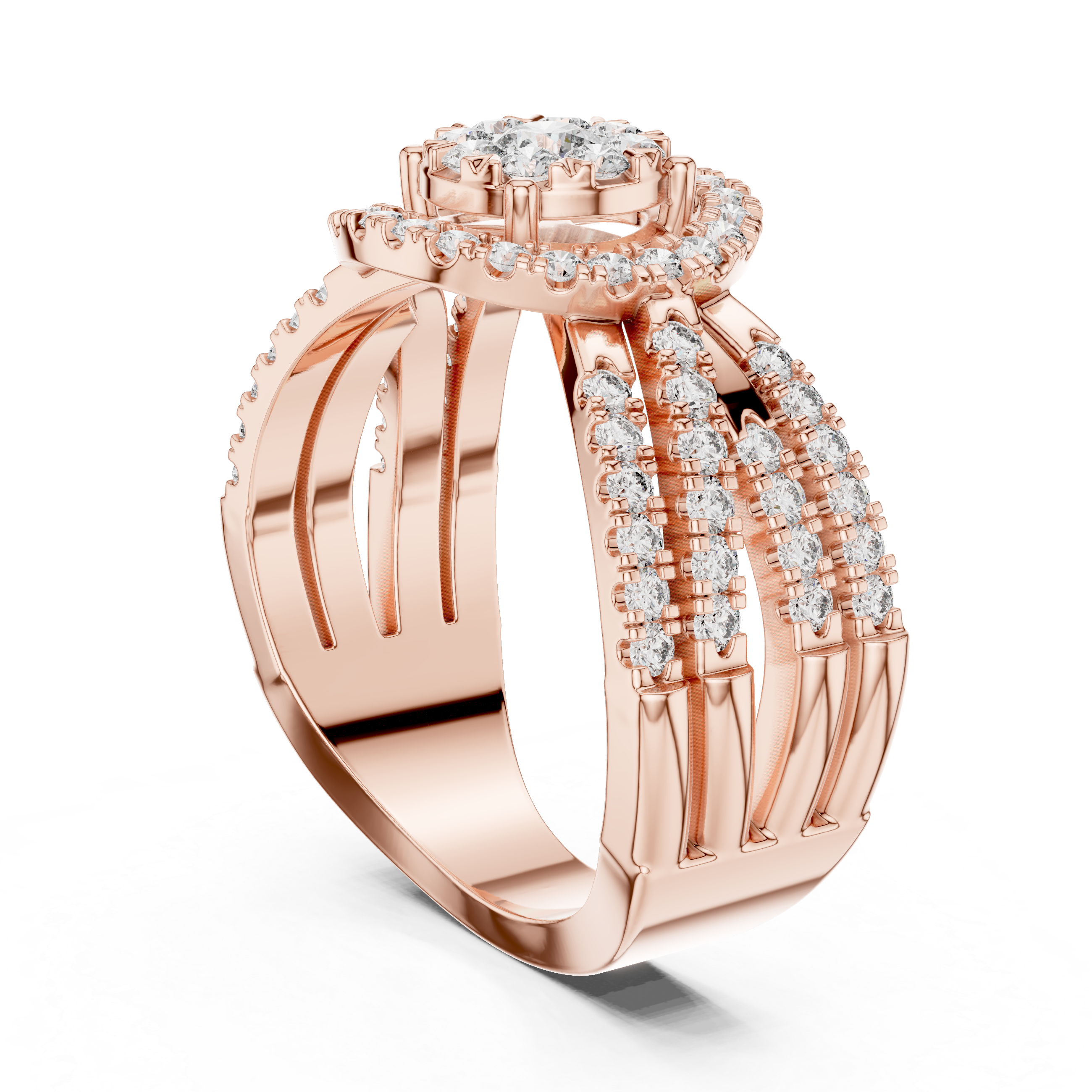 Round Halo Diamond Ring with Triple Split Shank Pavé Band