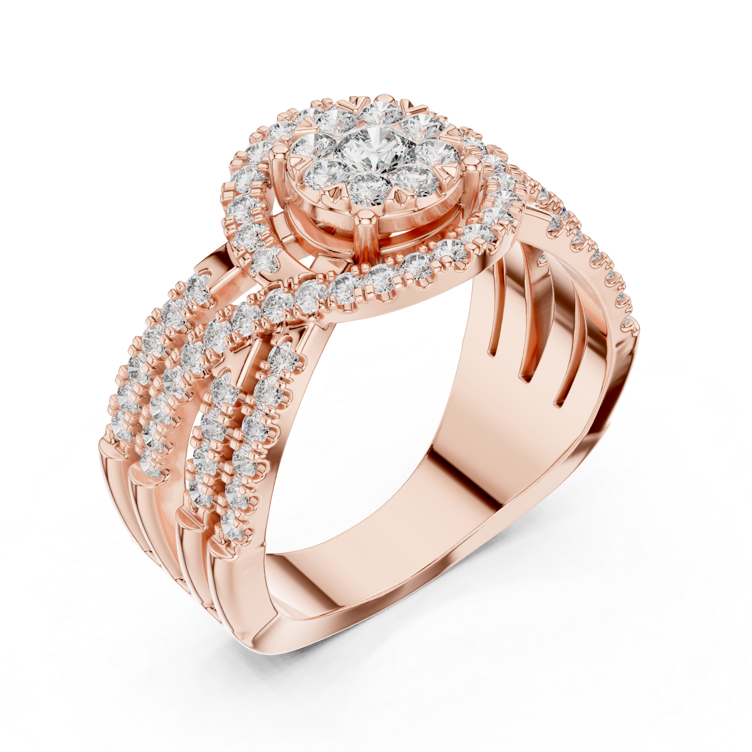Round Halo Diamond Ring with Triple Split Shank Pavé Band