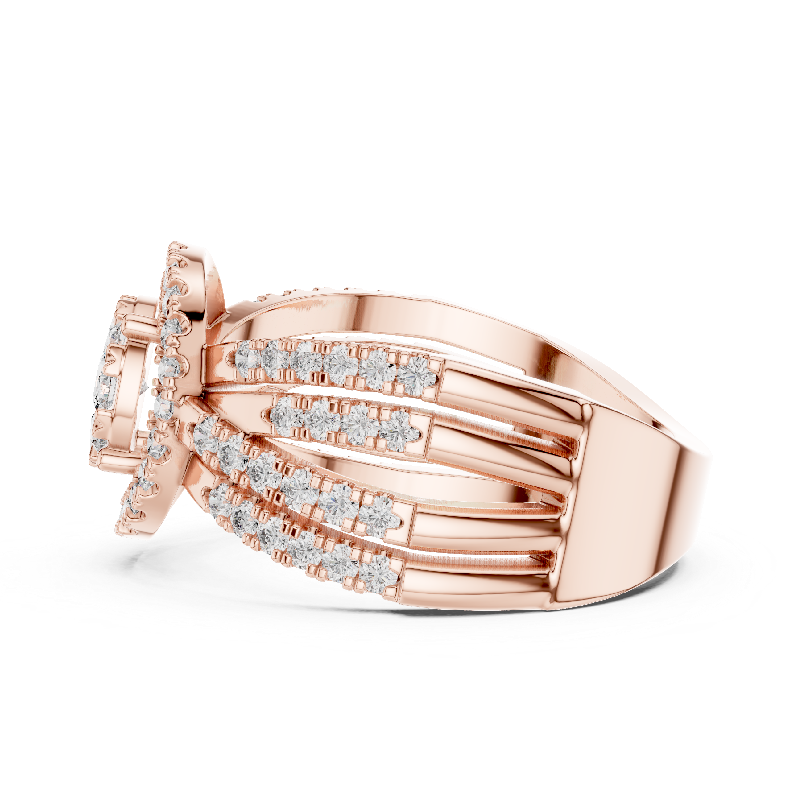 Round Halo Diamond Ring with Triple Split Shank Pavé Band