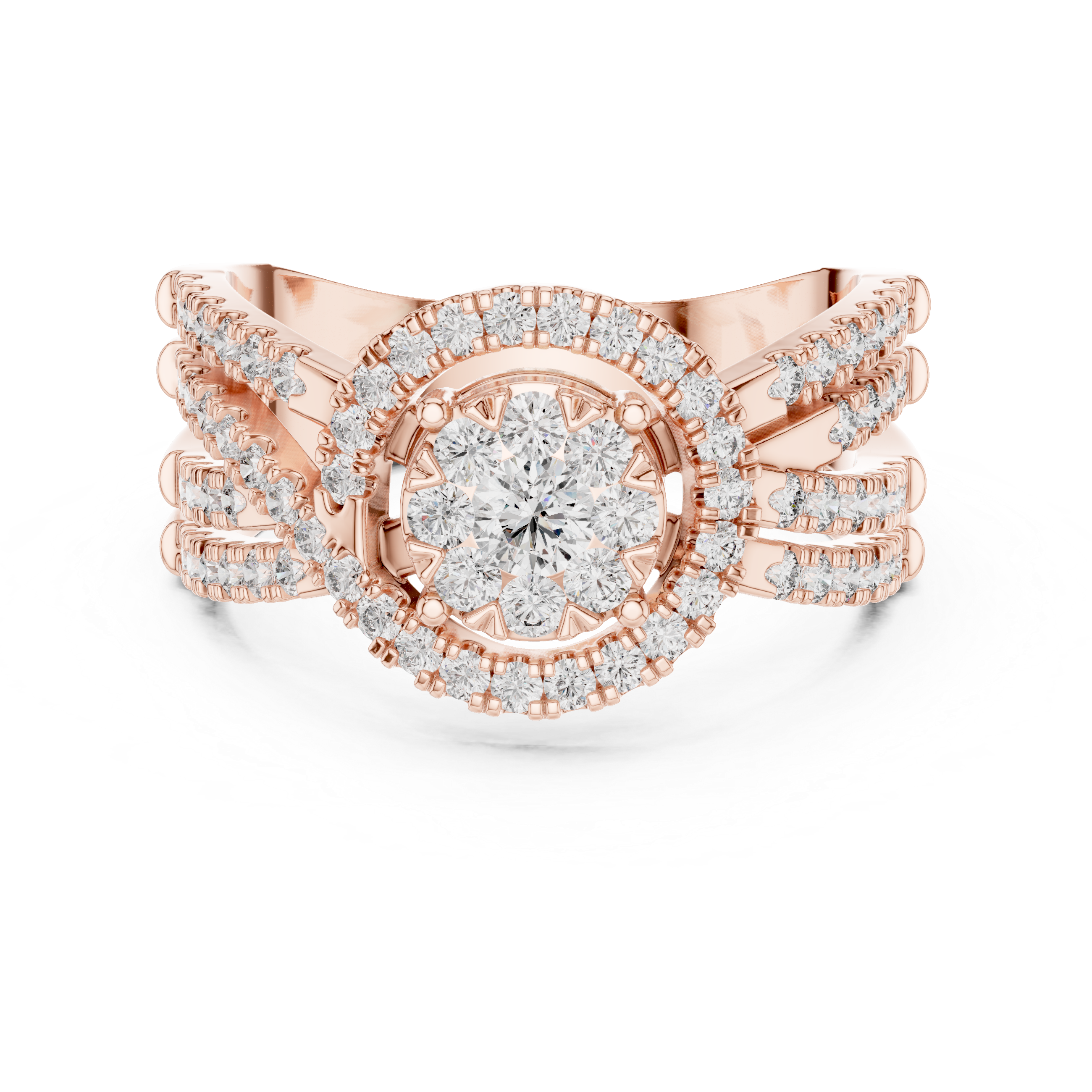 Round Halo Diamond Ring with Triple Split Shank Pavé Band