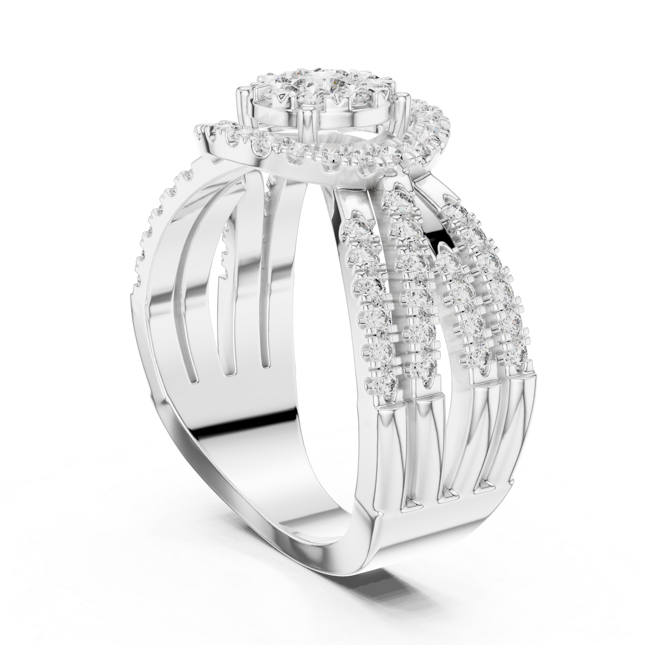 Round Halo Diamond Ring with Triple Split Shank Pavé Band