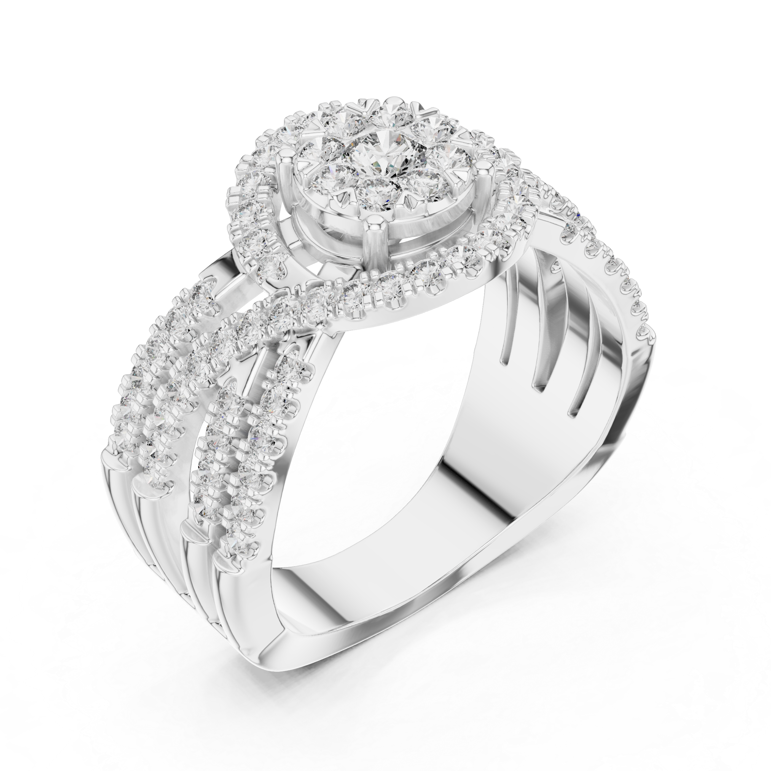 Round Halo Diamond Ring with Triple Split Shank Pavé Band